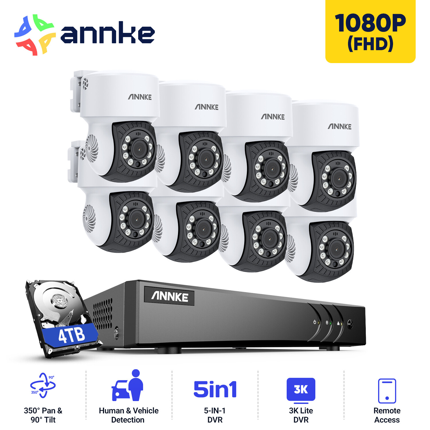 ANNKE 8CH 5MP DVR 1080P 350° Pan&Tilt Video AI Security Camera System Outdoor AI