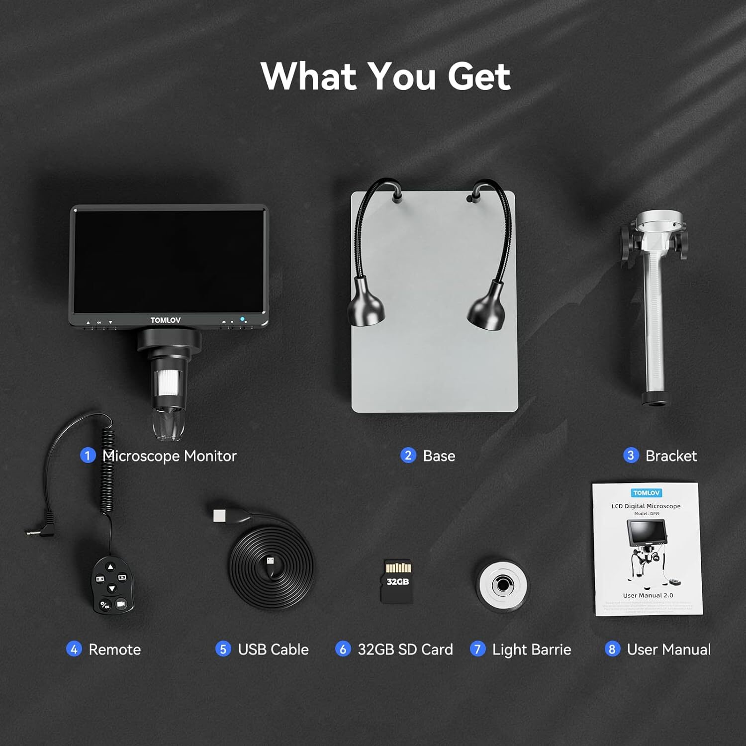 TOMLOV DM9 Digital Microscope 7" LCD 1200X Coin Microscope & Flexible Arm Stand