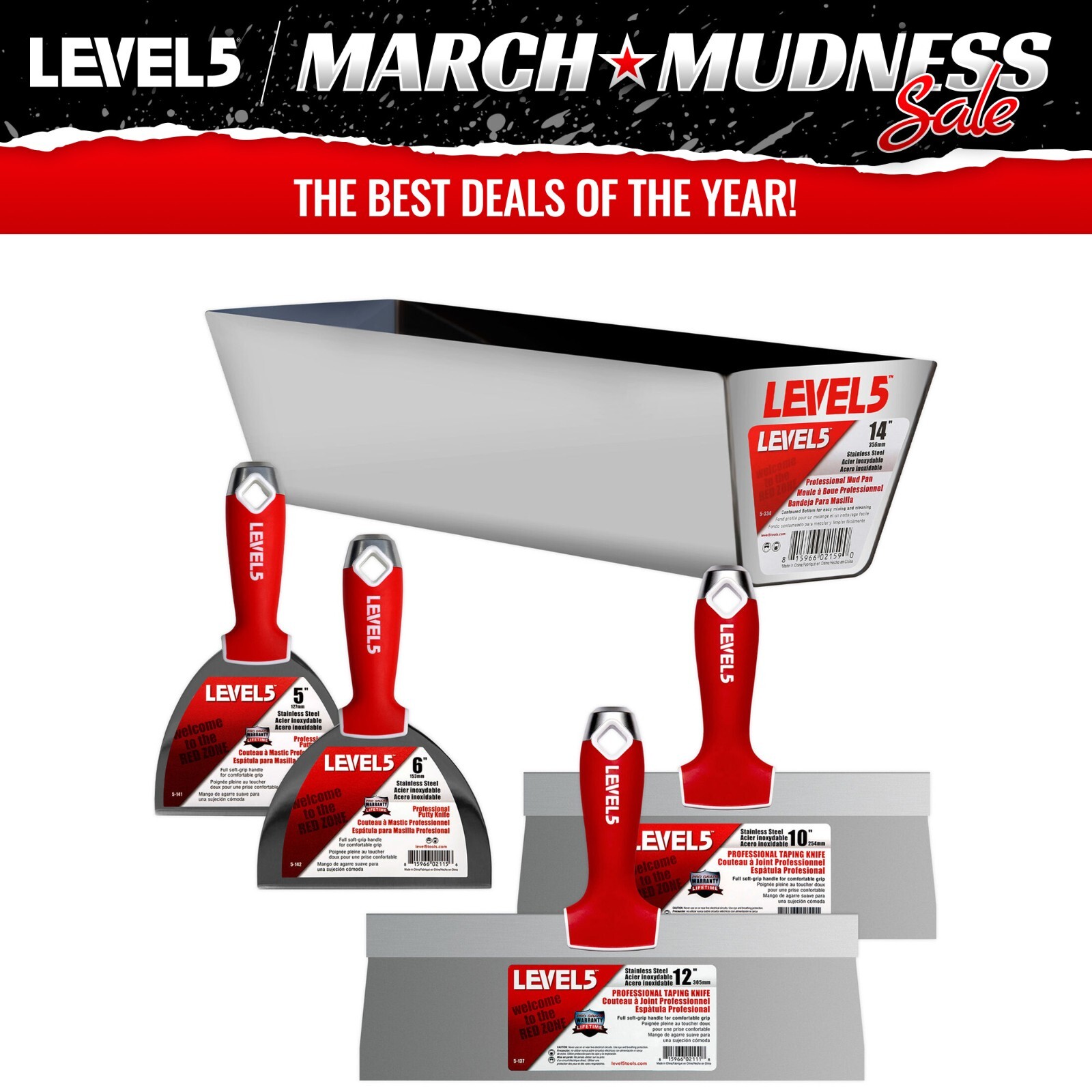 LEVEL5 Drywall Finishing Tool Set 5 Pieces | STAINLESS STEEL | 5-600