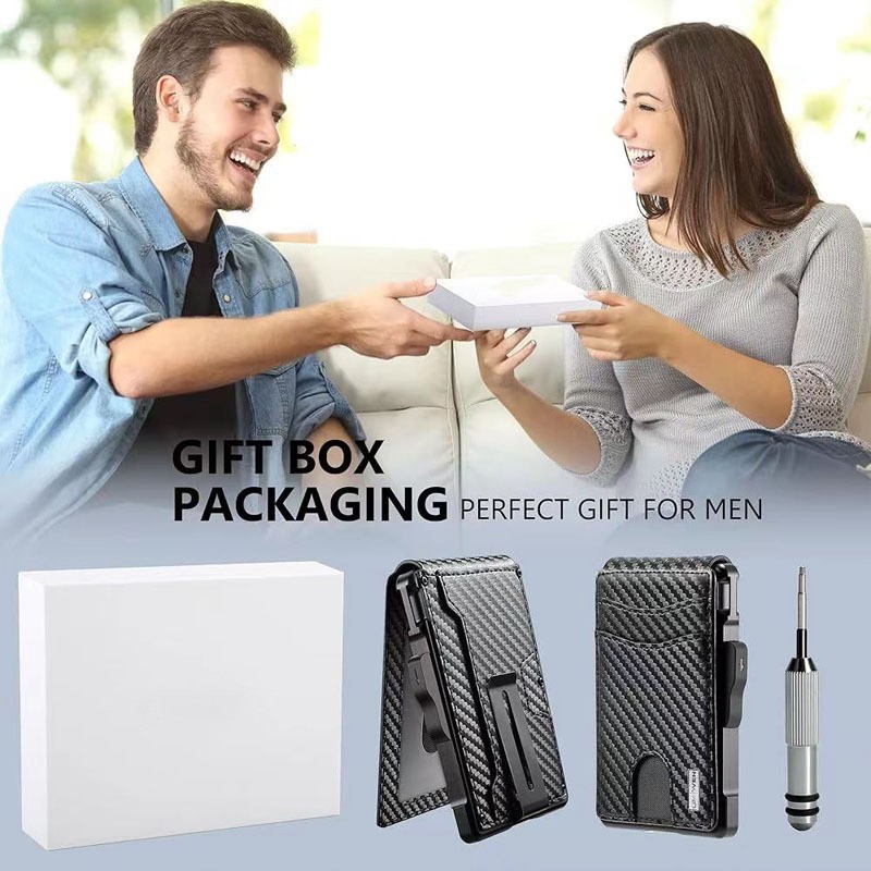 Men's Slim PopUp Bifold Carbon Fiber Wallet, RFID Blocking, Money Clip, Men Gift