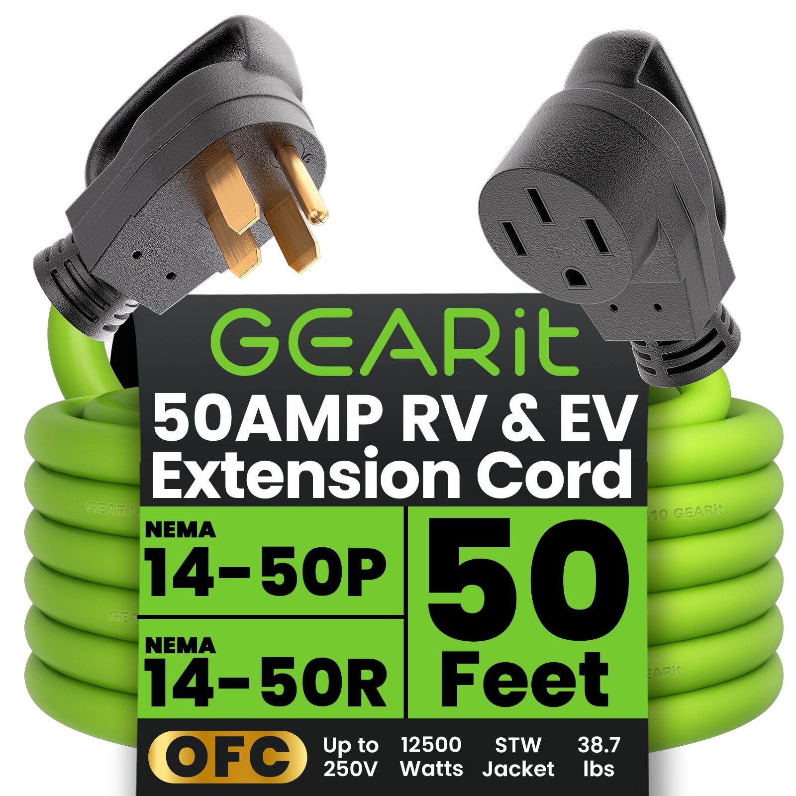 50 Amp 50 Foot RV/EV Extension Cord NEMA 14-50P/R Heavy Duty Extension Opened Bx