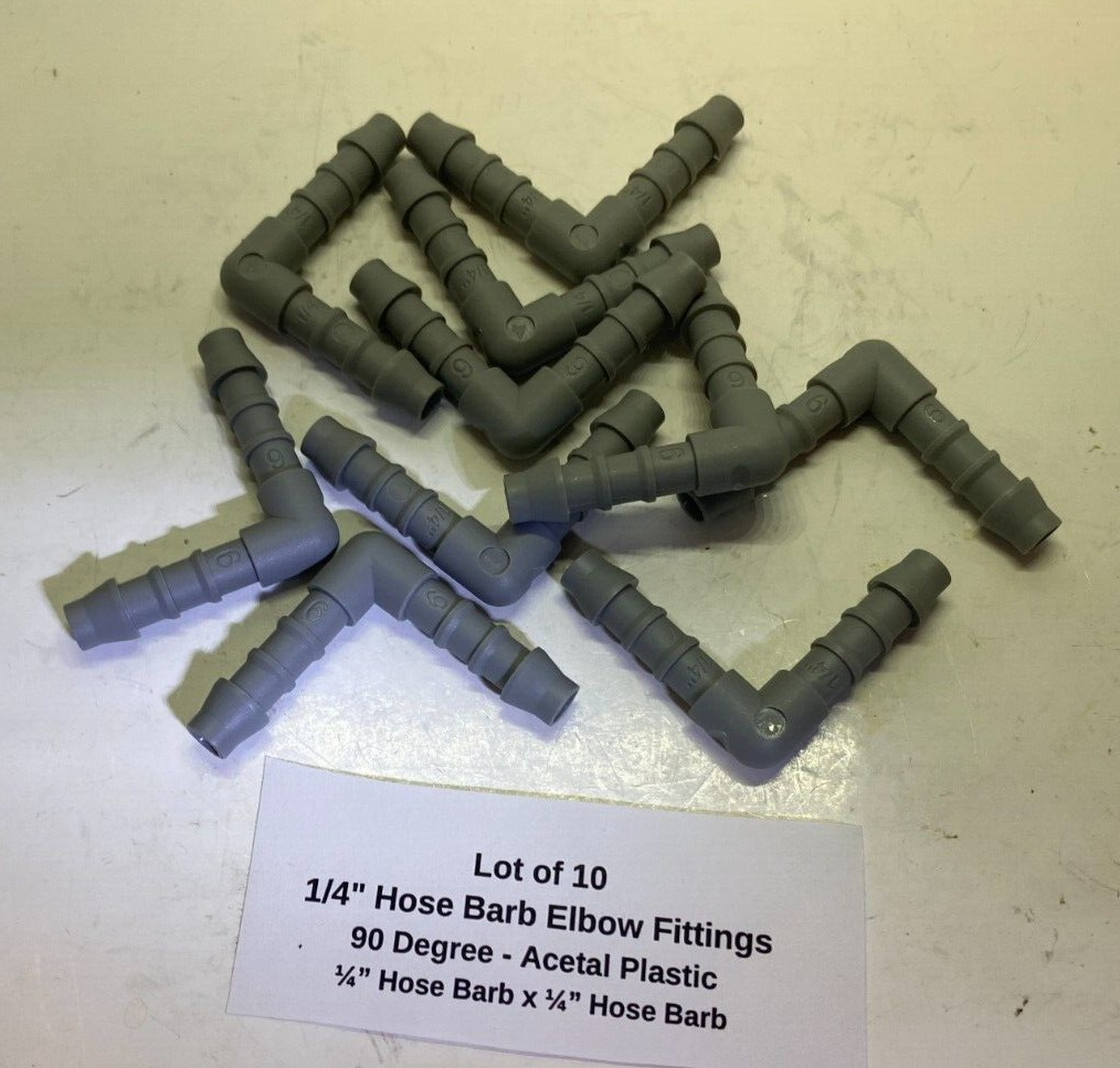 Lot of 10 1/4" Hose Barb Elbow Fittings - 90 Degree - Acetal Plastic - 1/4" Barb