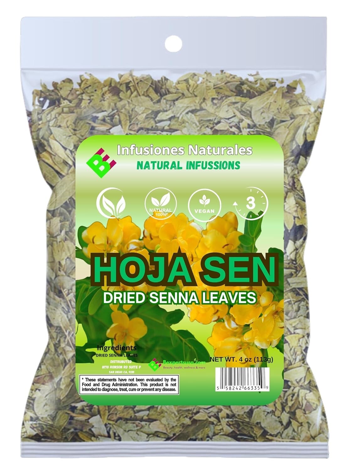 Hoja de Sen Té (Senna Leaf Tea Natural) Net Wt. 4 oz (113g) - 100% Natural,Vegan