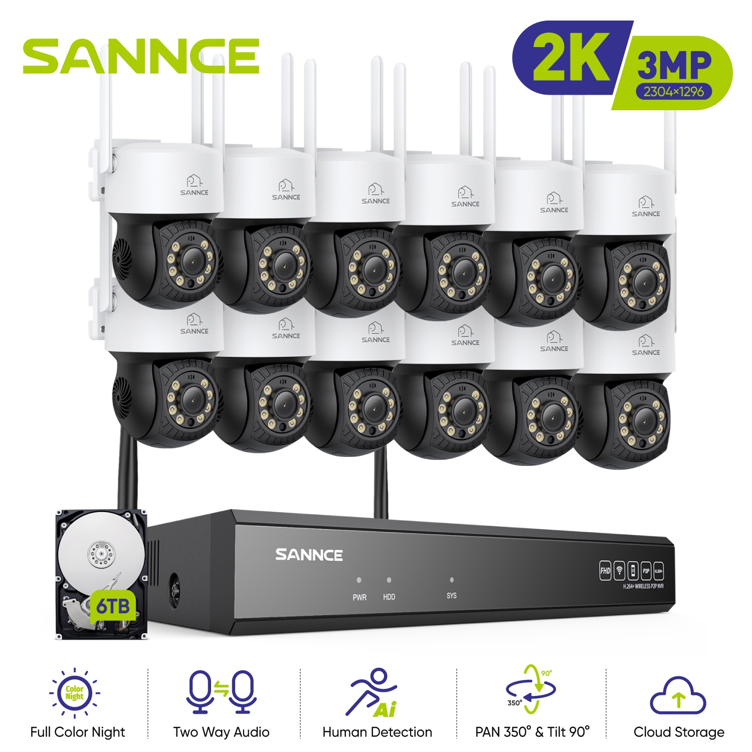 SANNCE 16CH 3MP Color Night PT Wireless Security Camera System 2 Way Audio WIFI