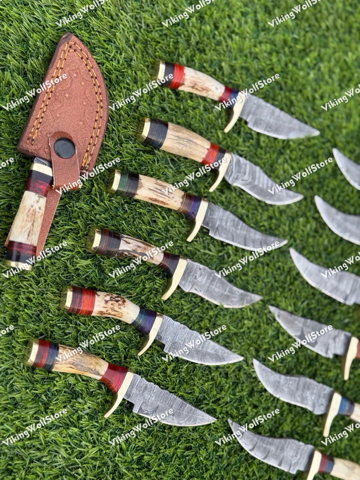 LOT OF 20PCS, 6'' INCH SKINNER KNIFE STAG HORN HANDLE HANDMADE DAMASCUS W/SHEATH