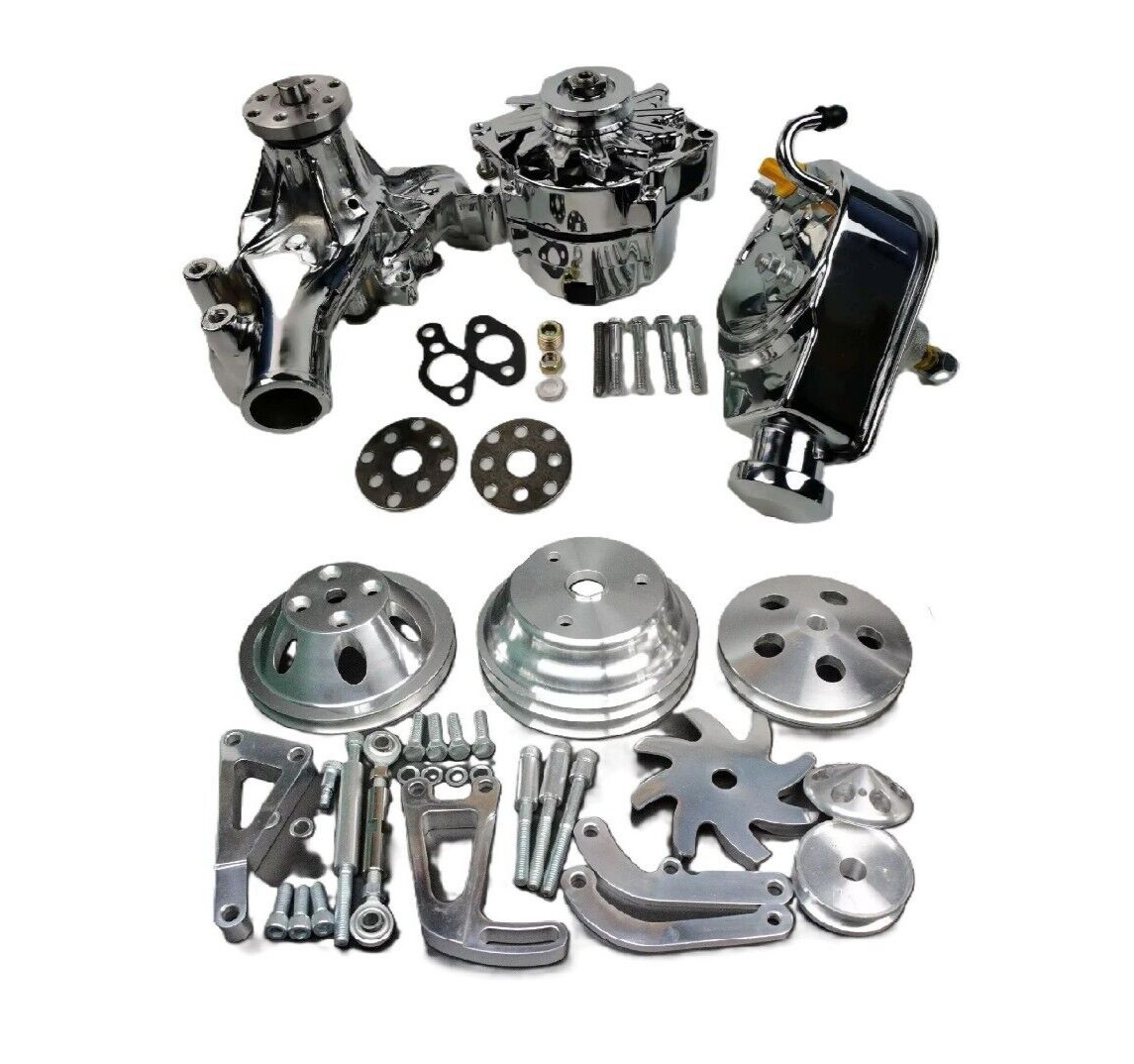 SBC Chevy Alum Pulley & Bracket Kit w Alternator Power Steering Long Water Pump