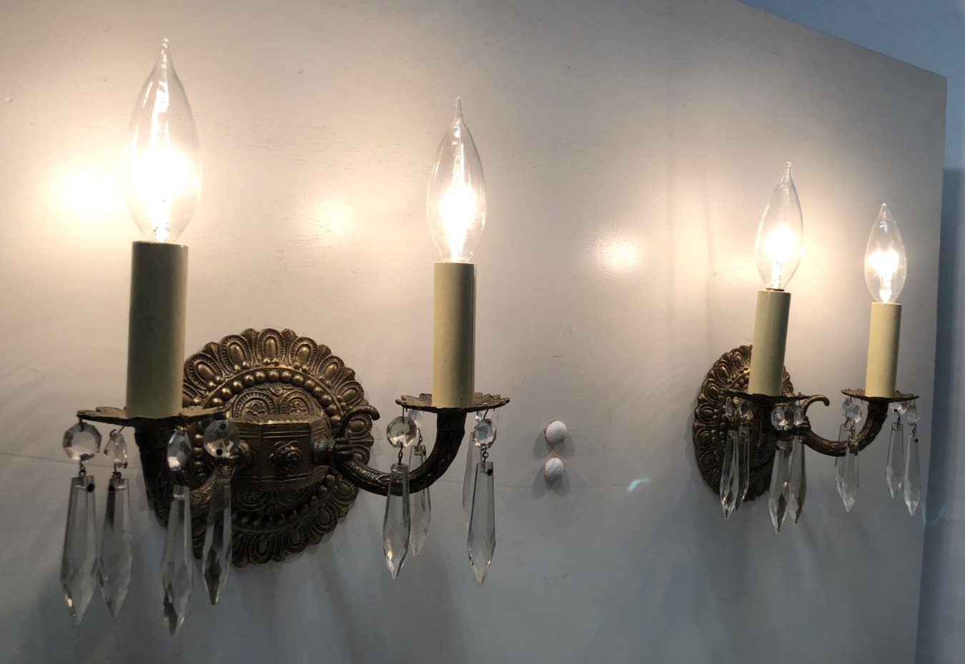 Vtg Wall Sconce Pair Brass Light Fixture French Art Glass Prism Spain MCM #L10