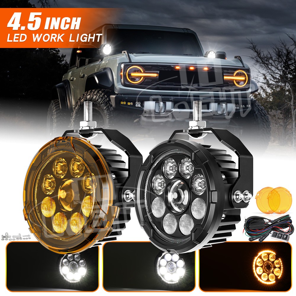 Pair Motorcycle 4.5" LED Headlight Amber White Auxiliary Spot Lights Driving Fog