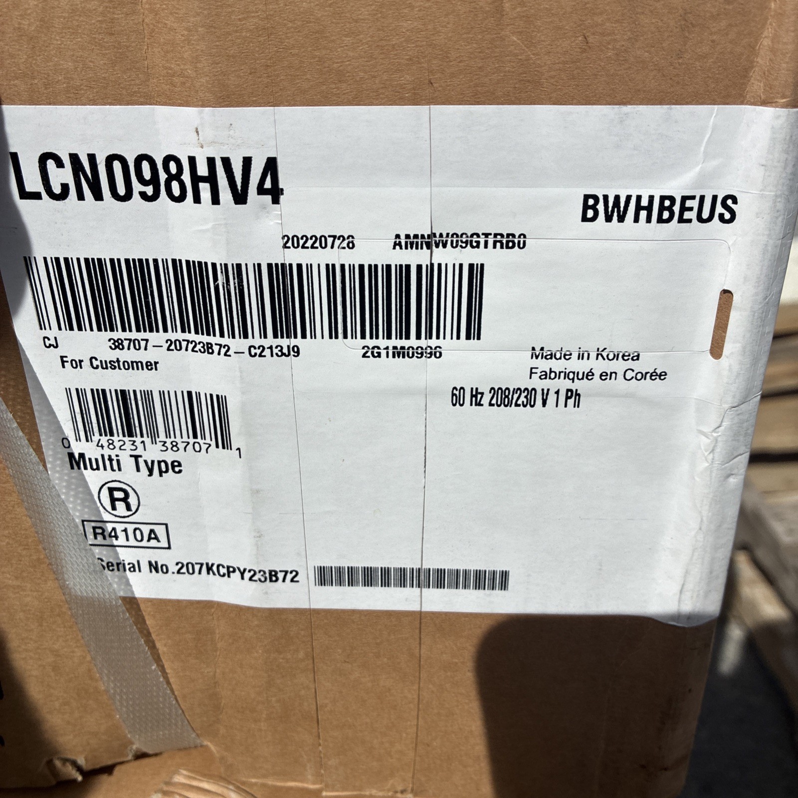 LG LCN098HV4 SINGLE ZONE INDOOR CEILING CASSETTE FANCOIL MINI-SPLIT 9,000 BTU