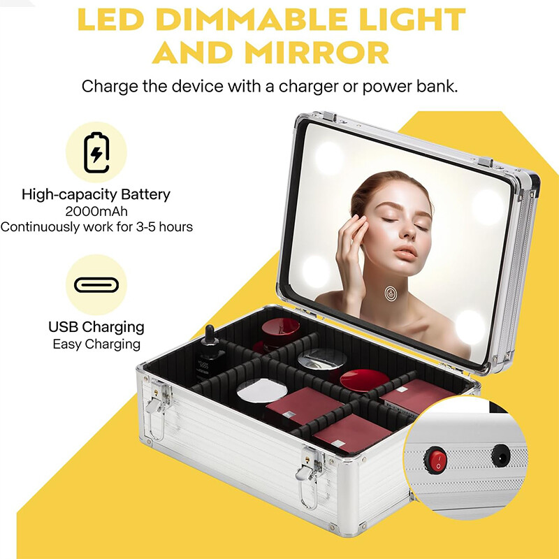 Rolling Makeup Train Case Cosmetic Trolley Organizer Travel w/LED LIght & Mirror