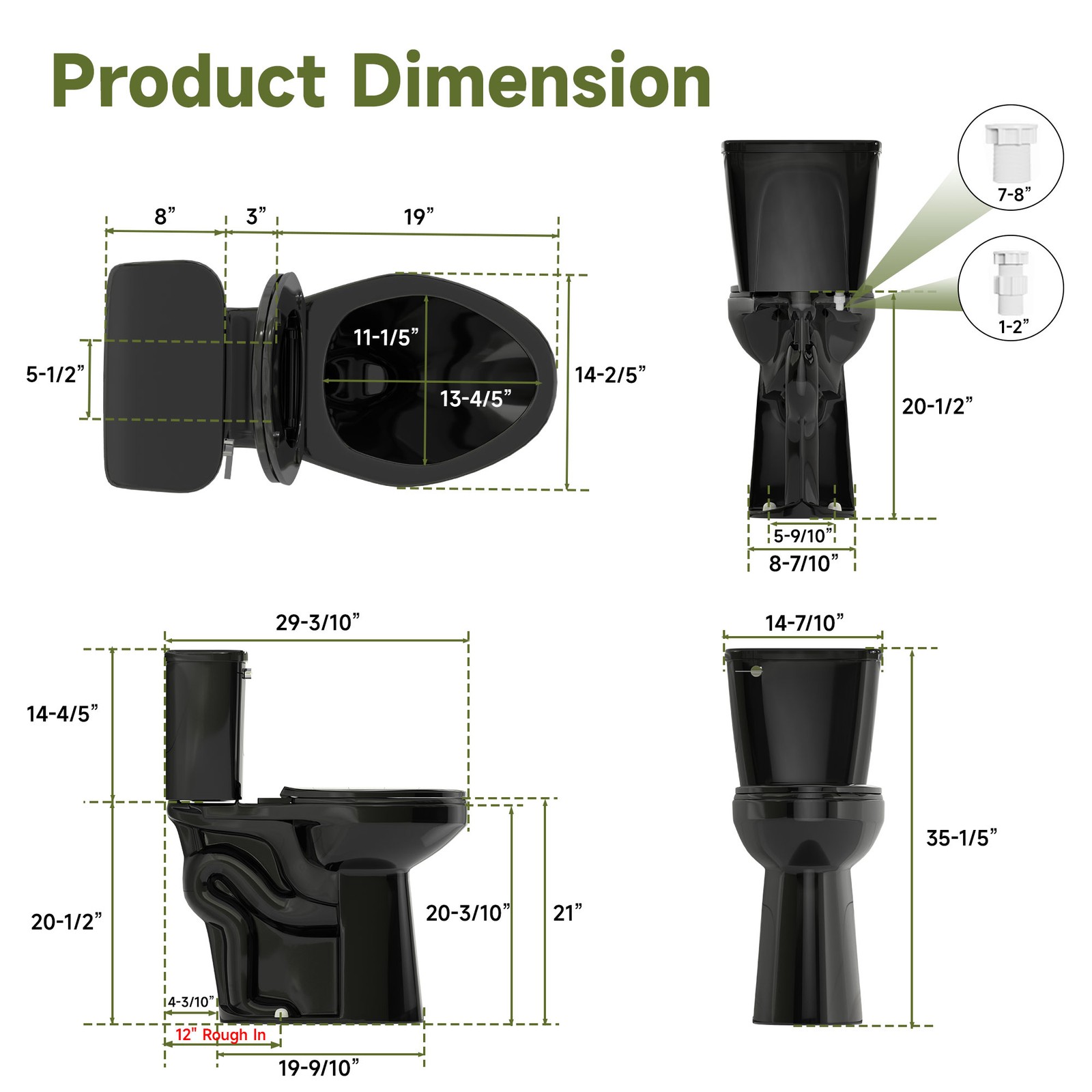21" Tall Two Piece Toilets for Seniors Elongated Bowl Soft-Close Seat 1.28 GPF
