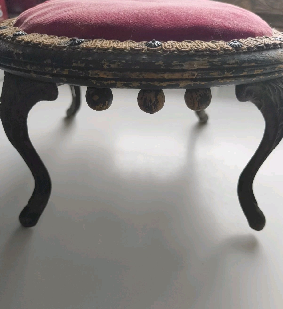 Levan Brothers Victorian Round Cast Iron & Wood Foot Stool Red Veleteen Cover