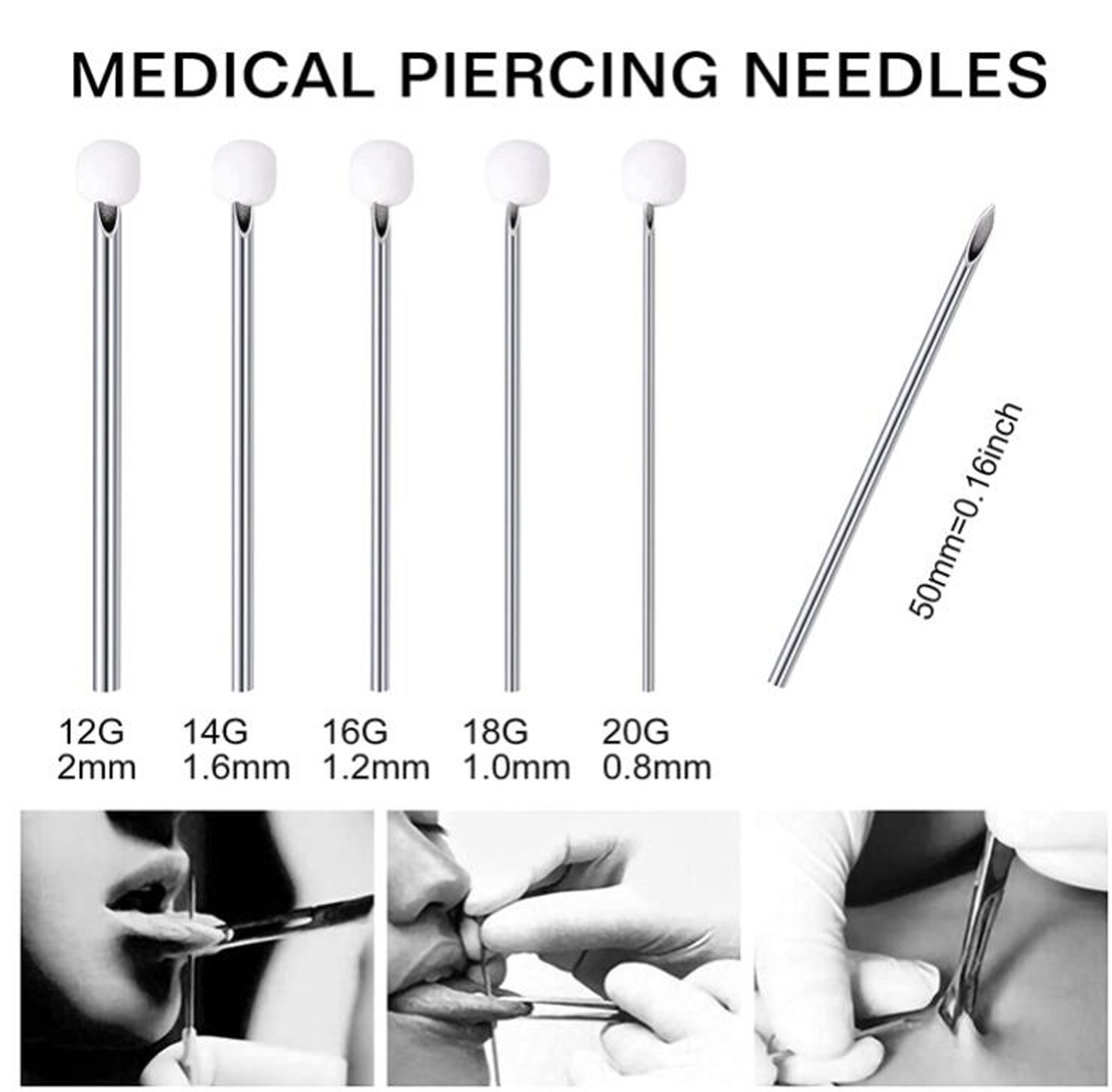 100 pcs Mixed Body Piercing Needle Sizes 12g, 14g, 16g, 18g & 20g