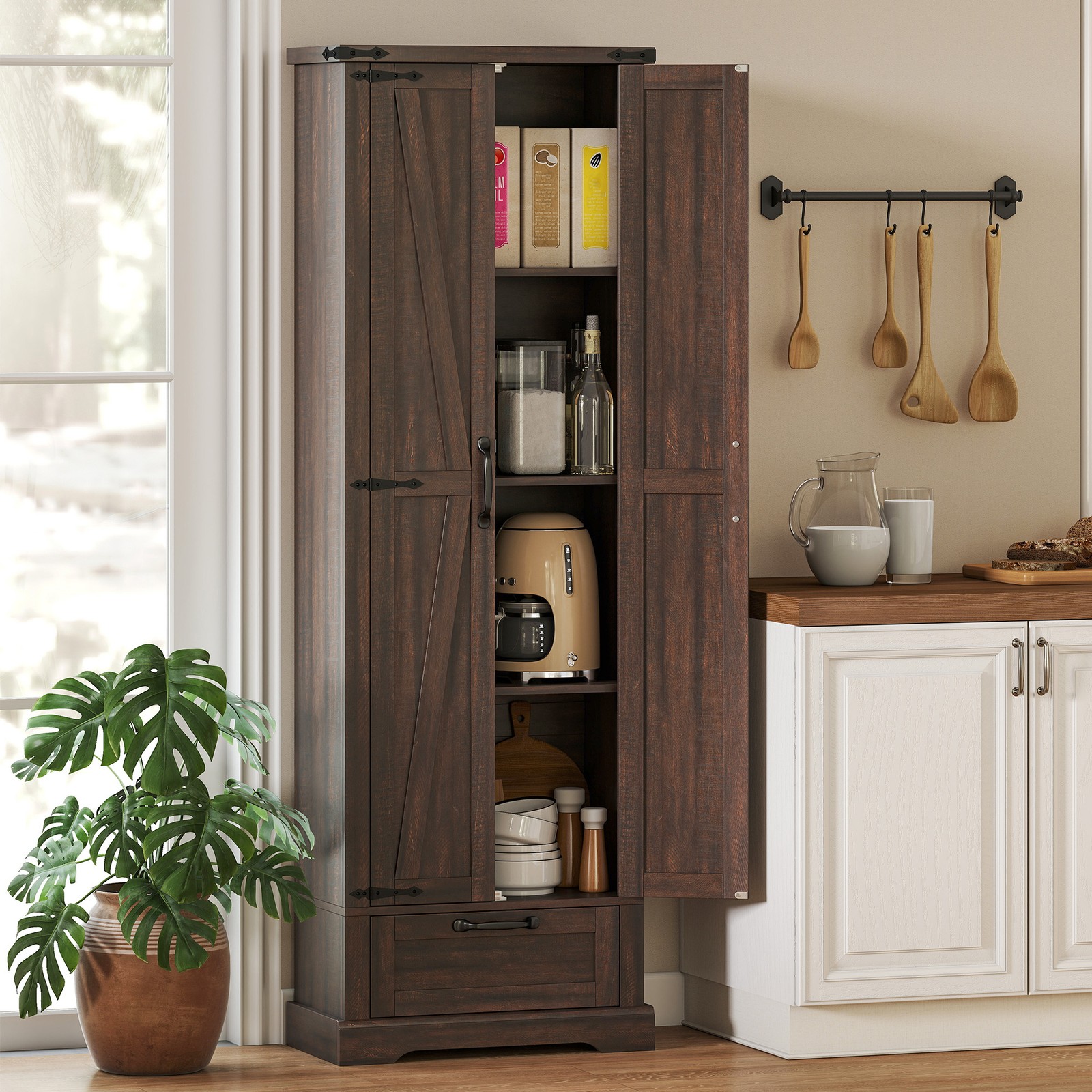 HOMCOM 71" Kitchen Pantry, Farmhouse Storage Cabinet with Barn Doors