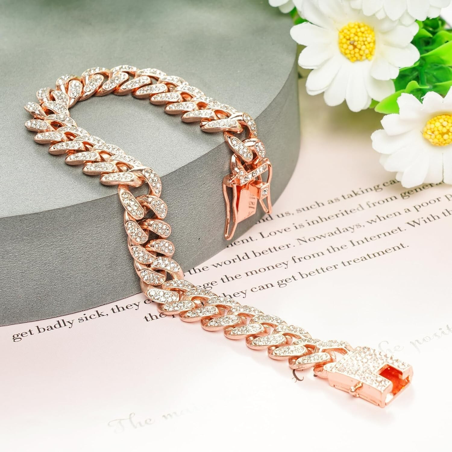 Rose Gold Bling Cuban Link Dog Collar Diamond Rhinestone Necklace Cat Kitten Pup