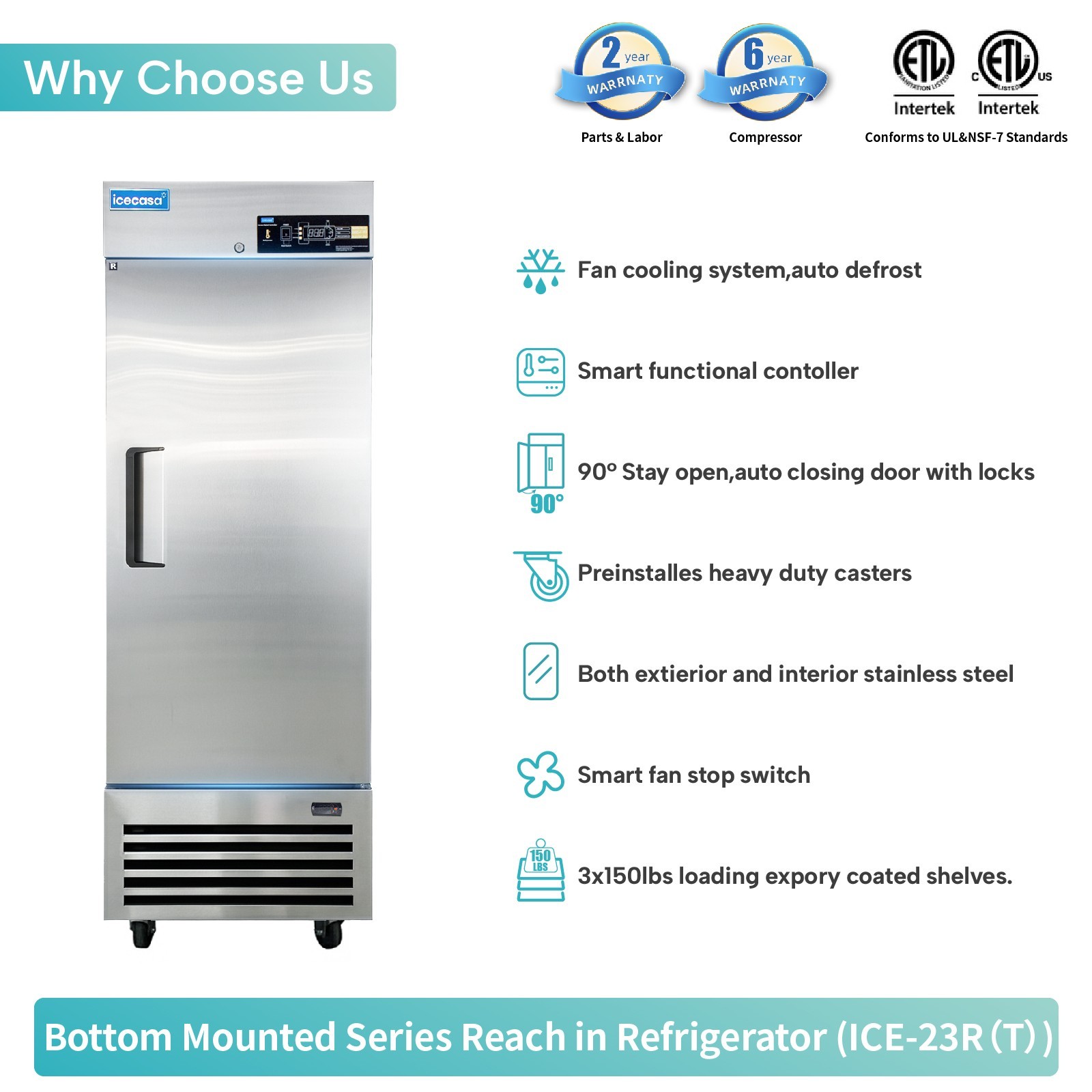 27" Commercial Fridge, ICECASA Single Door Commercial Reach-In Cooler 23 Cu.ft