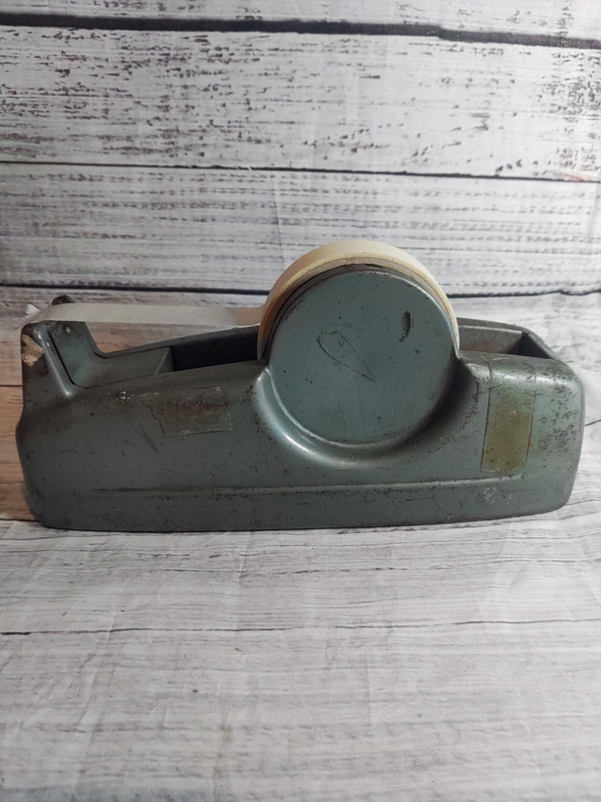 VINTAGE CAST IRON SCOTCH TAPE DISPENSER MODEL GREEN GRAY (Tape Not Included)