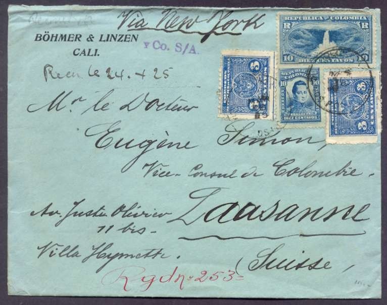 1925 Colombia To Switzerland Lausanne Cover With 4 Colour Stamps & Advertising