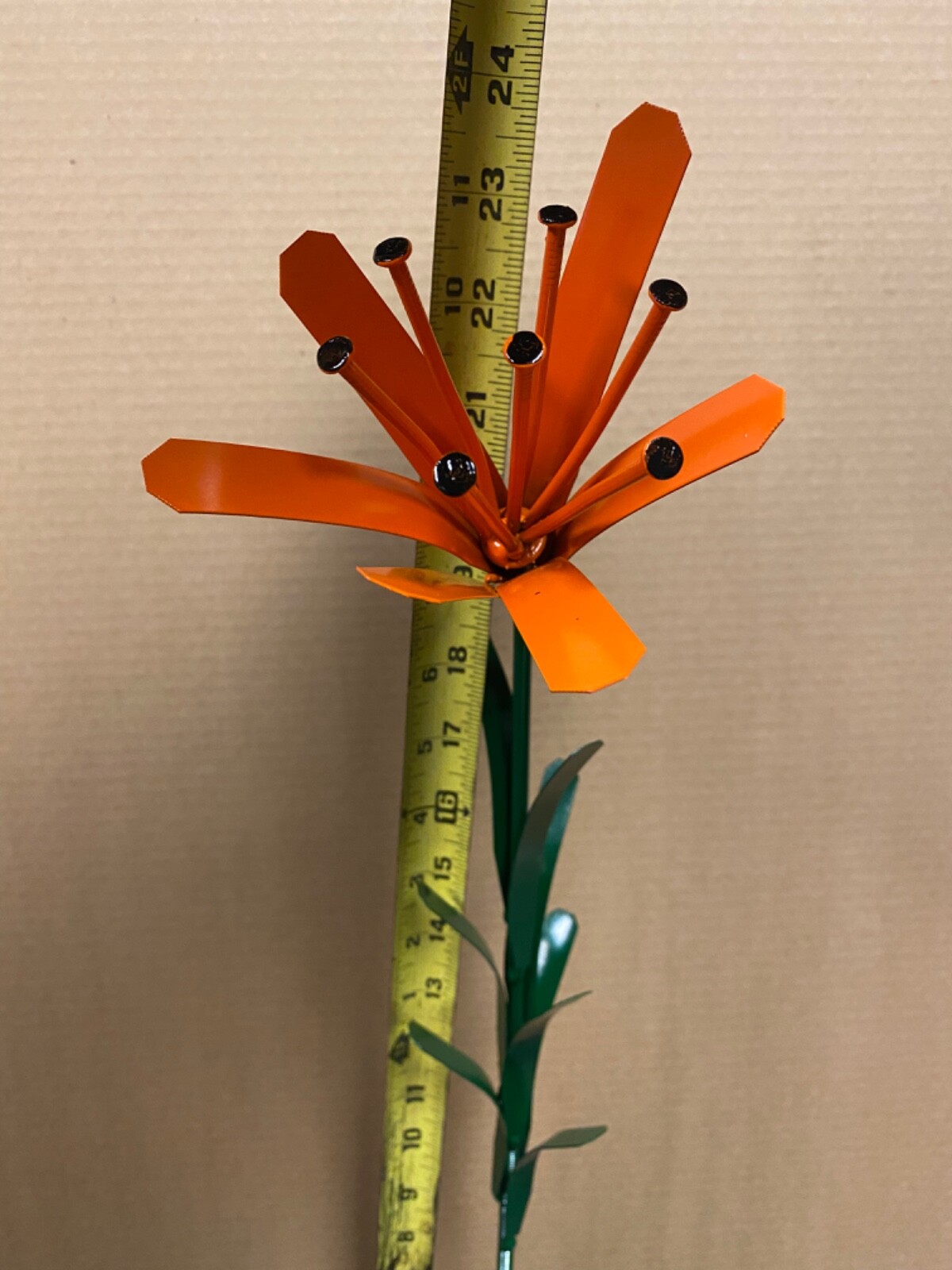 Recycled Metal Welded Orange Lilly W/ Nails Flower Stake Yard Art Rock Garden