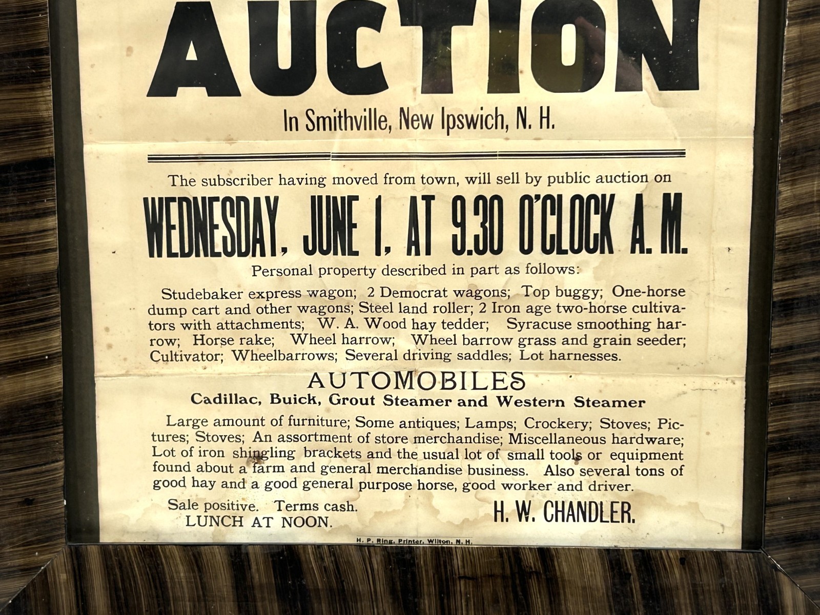 Antique Circa 1912 NEW HAMPSHIRE Auction Advertising Poster Tiger Striped Frame