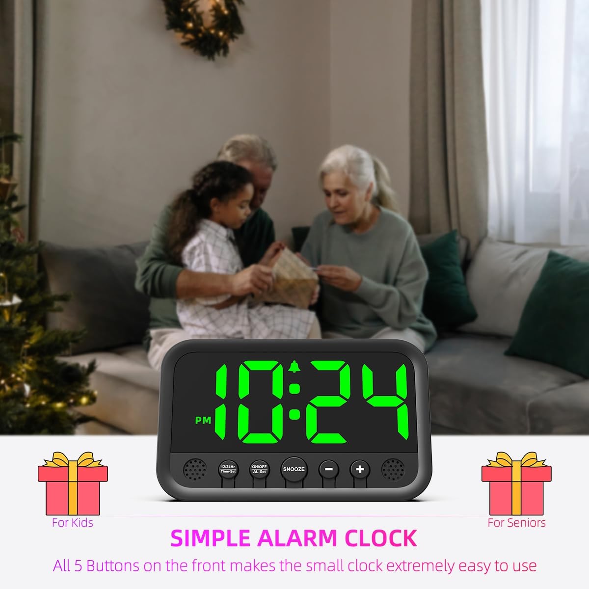 Small LED Digital Alarm Clock Loud Green Plug In