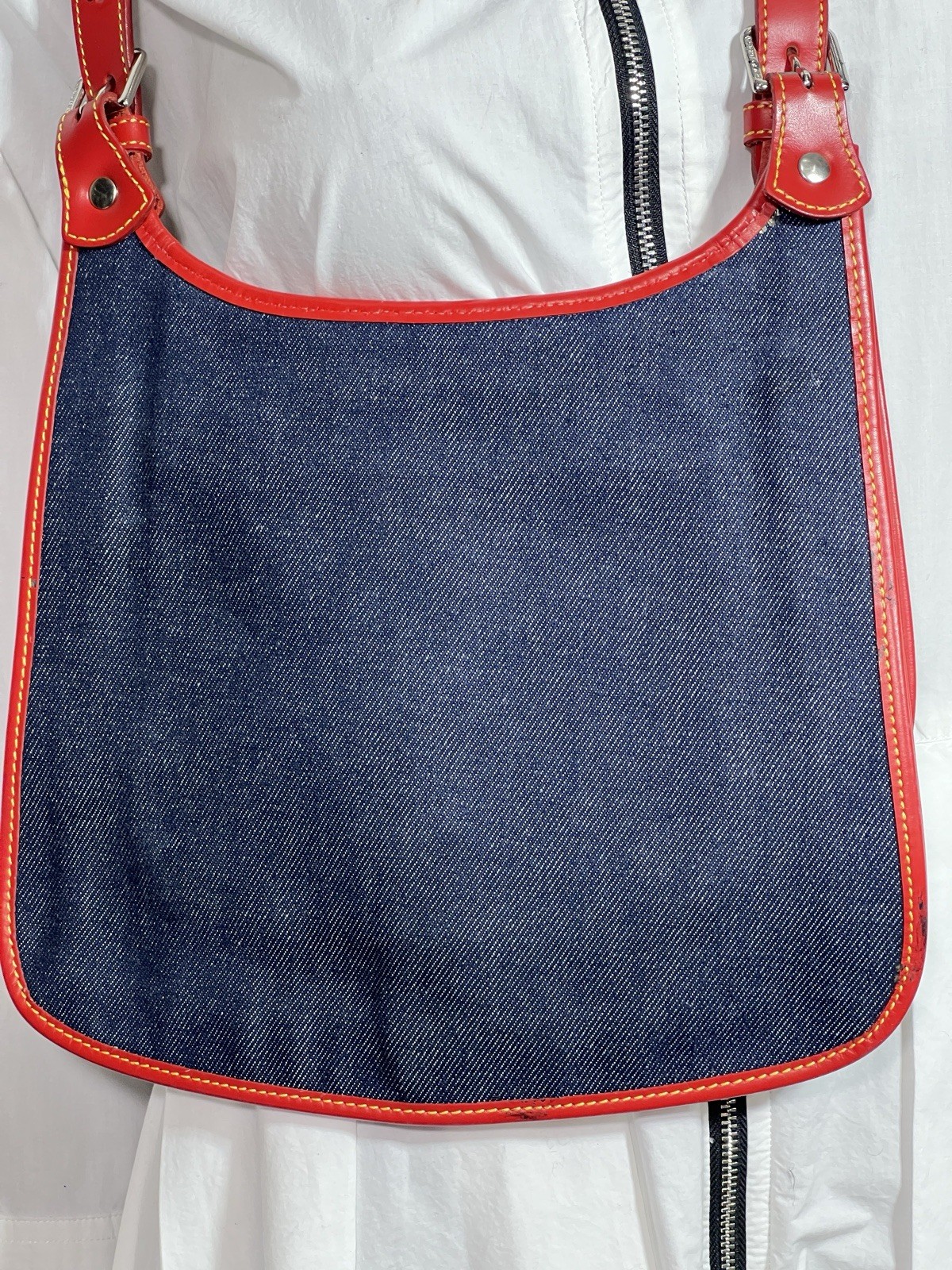 Vintage Dooney & Bourke Blue Denim Saddle Bag Red Leather Trim Messenger Handbag