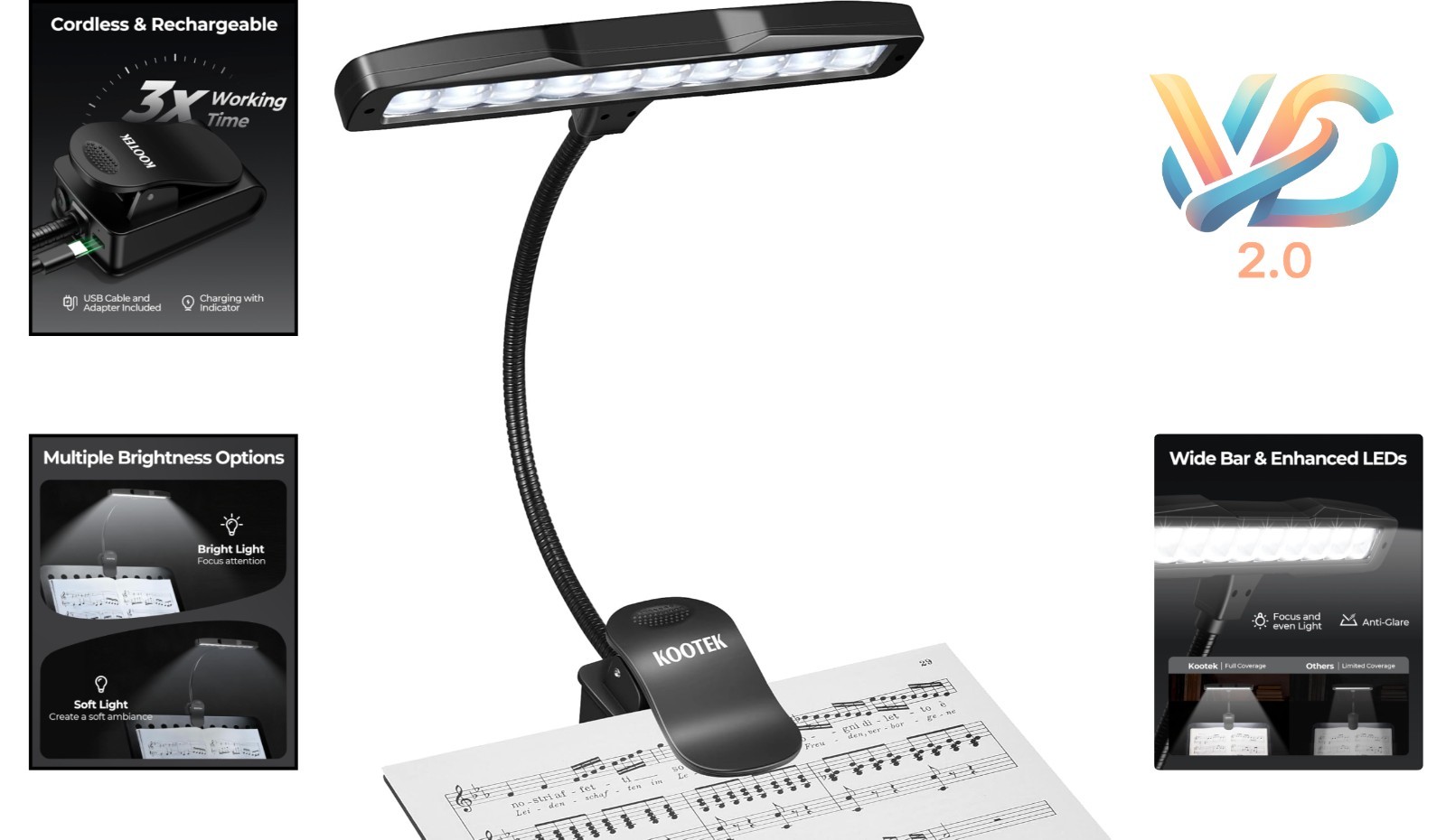 Black Clip-On Music Stand Light LED with Brightness Control Rechargeable