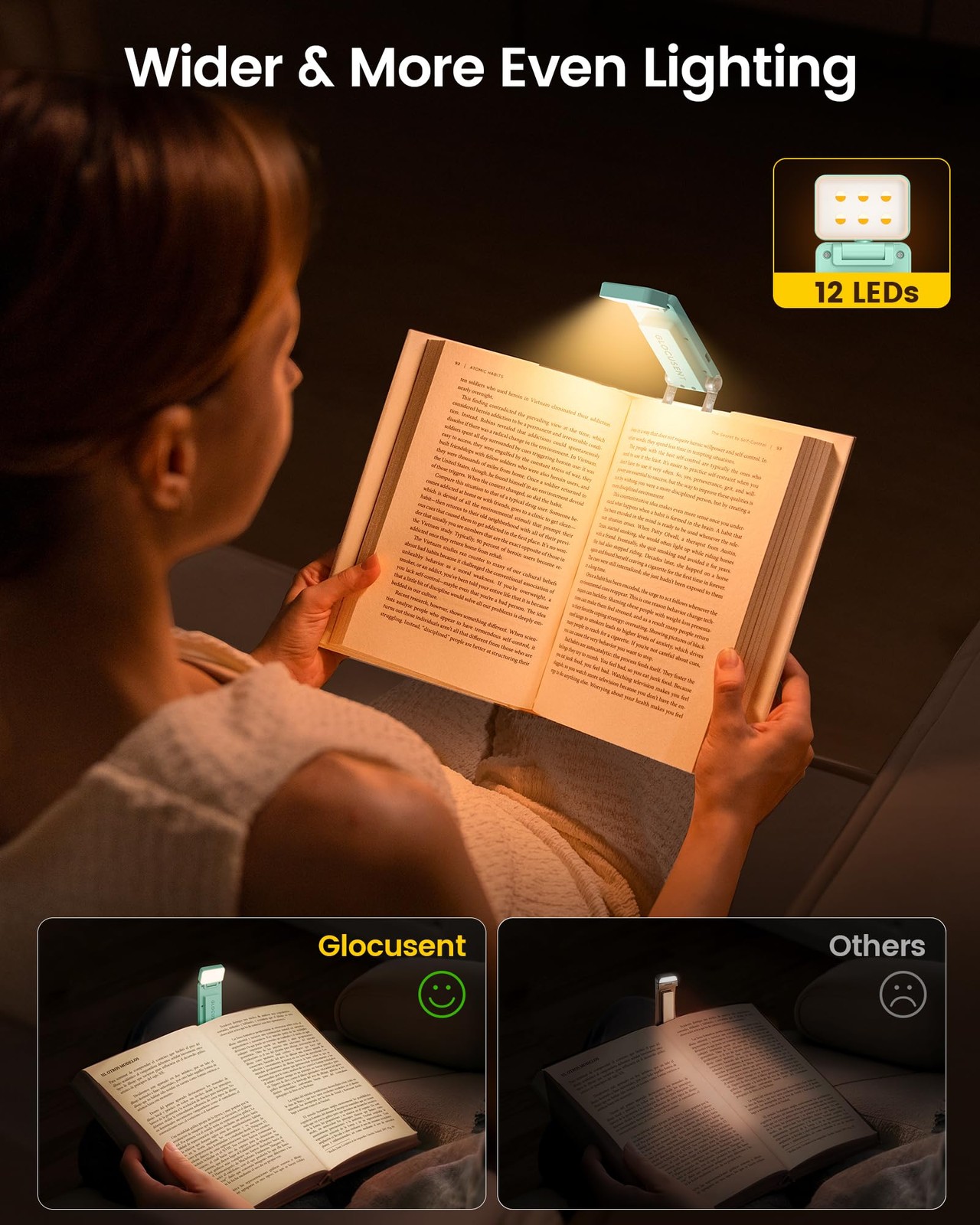 Glocusent 12 LED Rechargeable Book Light, Clip-on Reading Small, Sky Blue