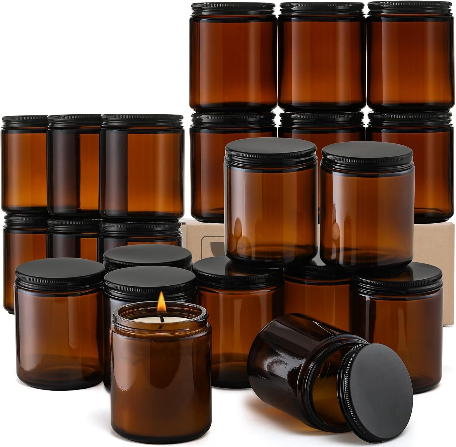 24 Pack, 8 OZ Thick Amber round Glass Jars with Black Metal Lids - Empty Candle