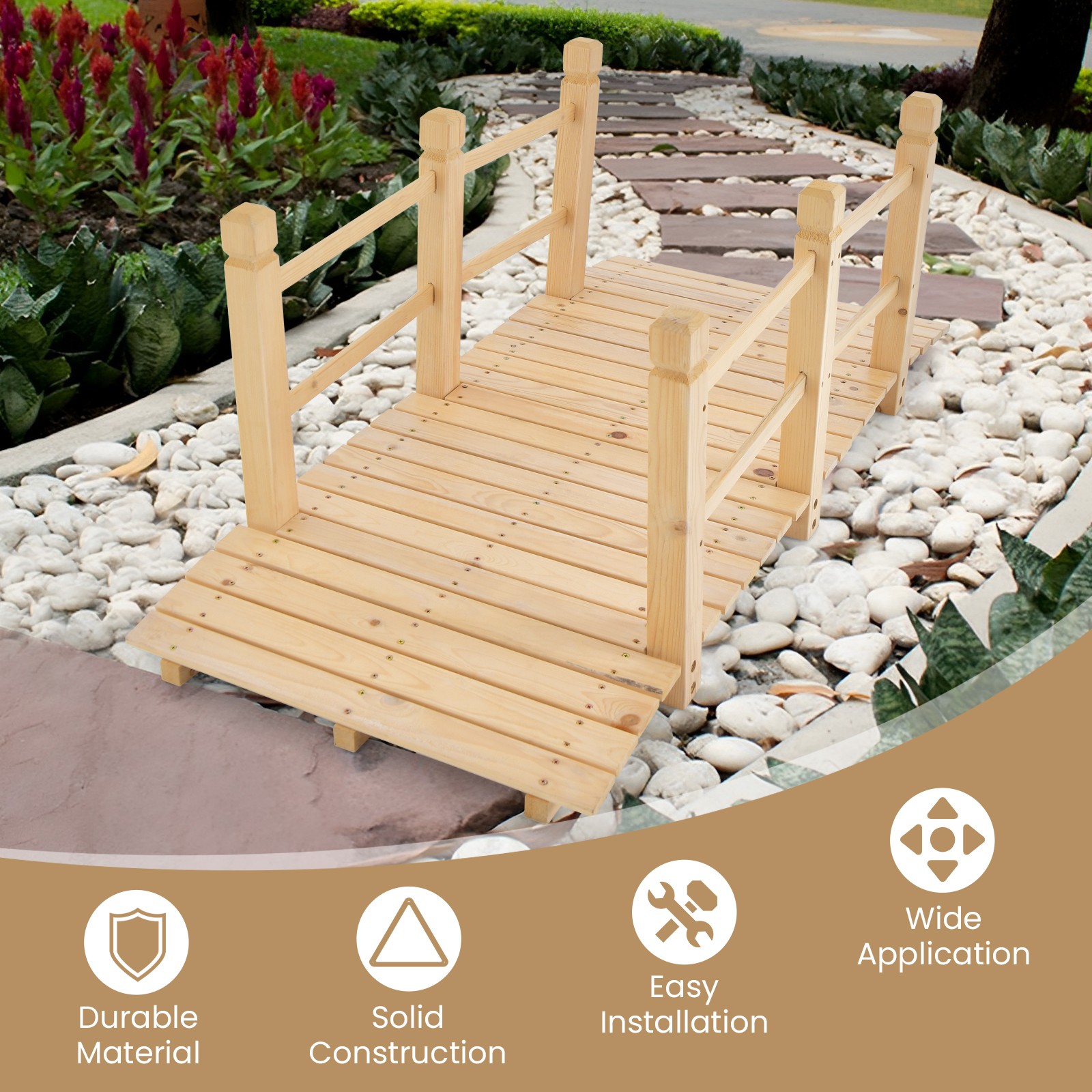 5 FT Wooden Garden Bridge Decorative Landscaping Footbridge w/Rails Natural