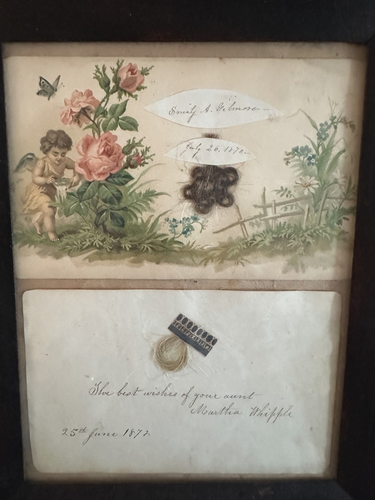 Antique Victorian Hairwork Calling Card Framed Ephemera