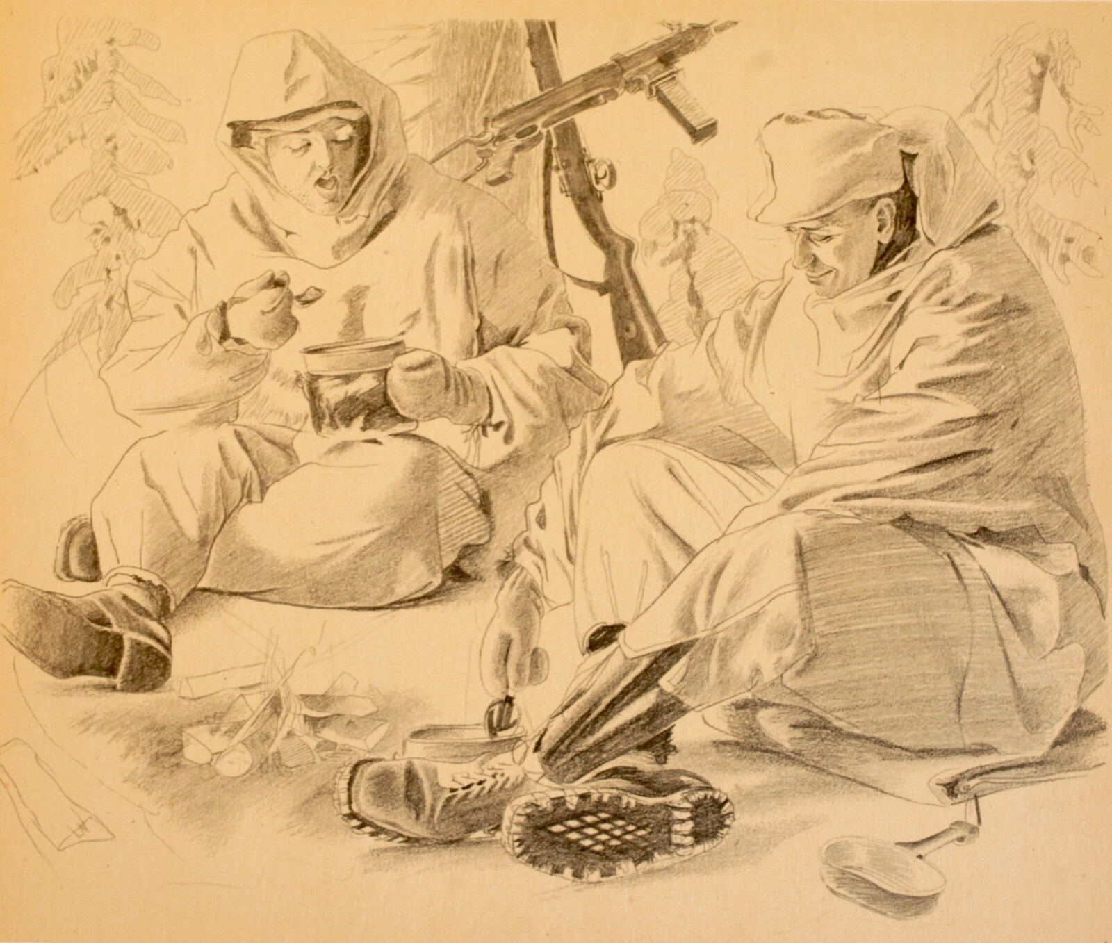 Everyday Winter Life in the Forest of Lapland-WW2-Great Drawings-Wehrmacht '44