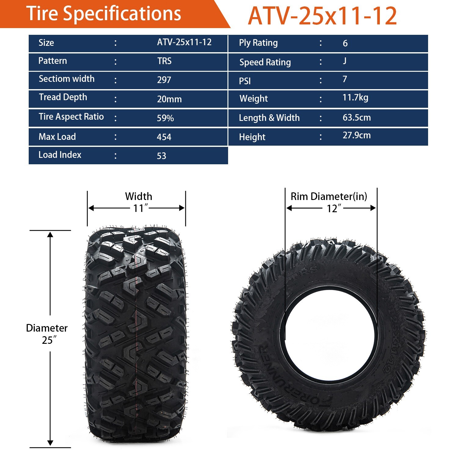 Set of 2 25x11-12 25x11x12 6Ply ATV UTV All Terrain Mud Tires 25 11 12 Tubeless