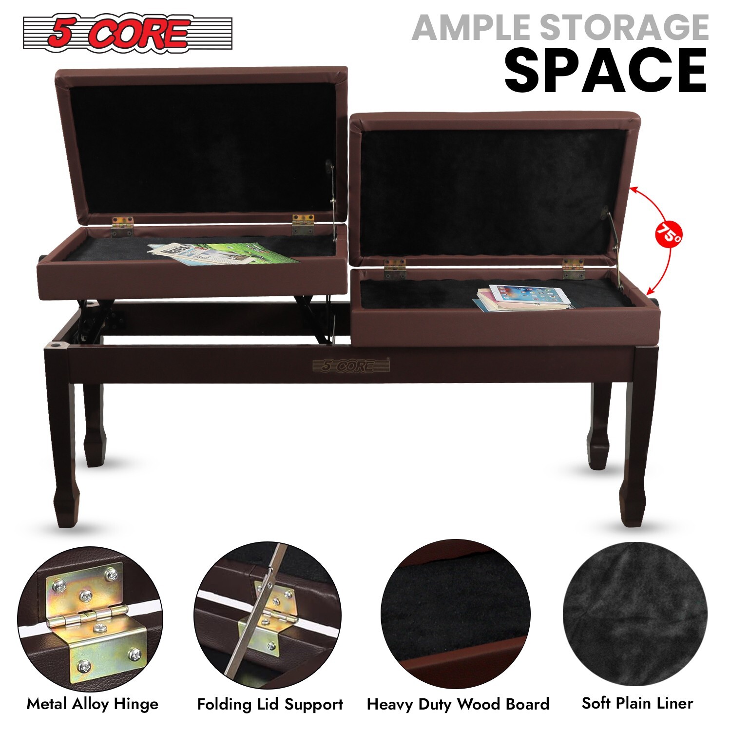 5 Core Duet Piano Bench 3.5 Inch Padded Cushioned Double Seater Wooden Stool