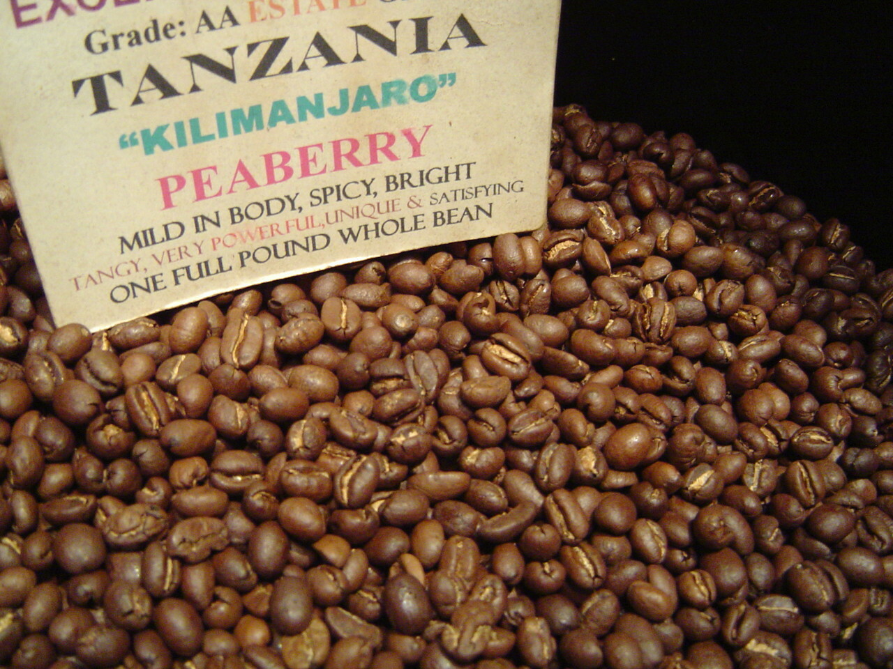 TANZANIA KILIMANJARO COFFEE BEANS PEABERRY MEDIUM ROASTED 5 LBS IN 1 POUND BAGS
