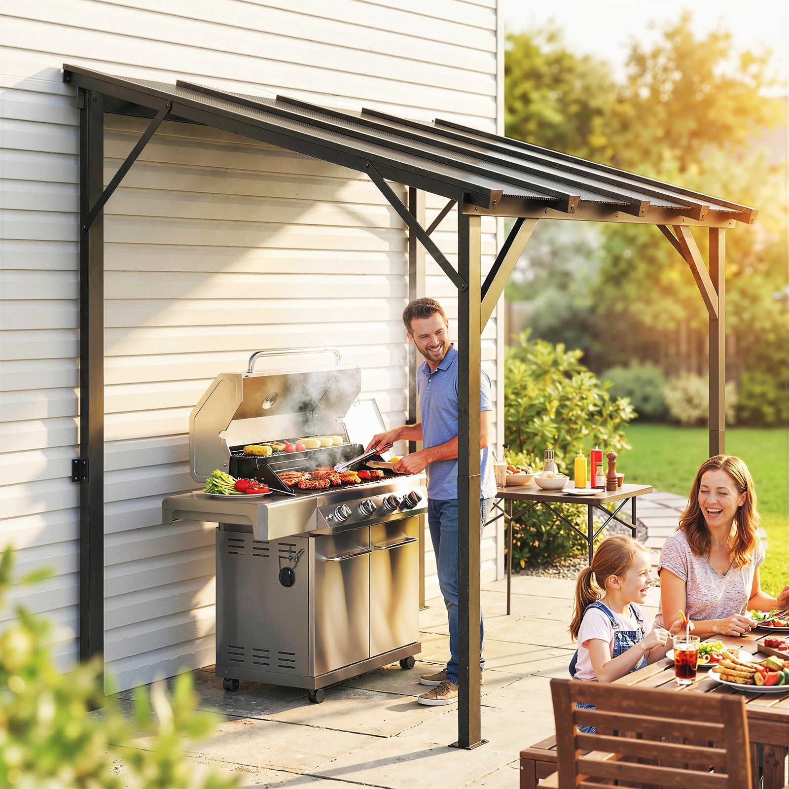 Outsunny 8' x 5' Grill Gazebo Lean-to Pergola with Polycarbonate Roof