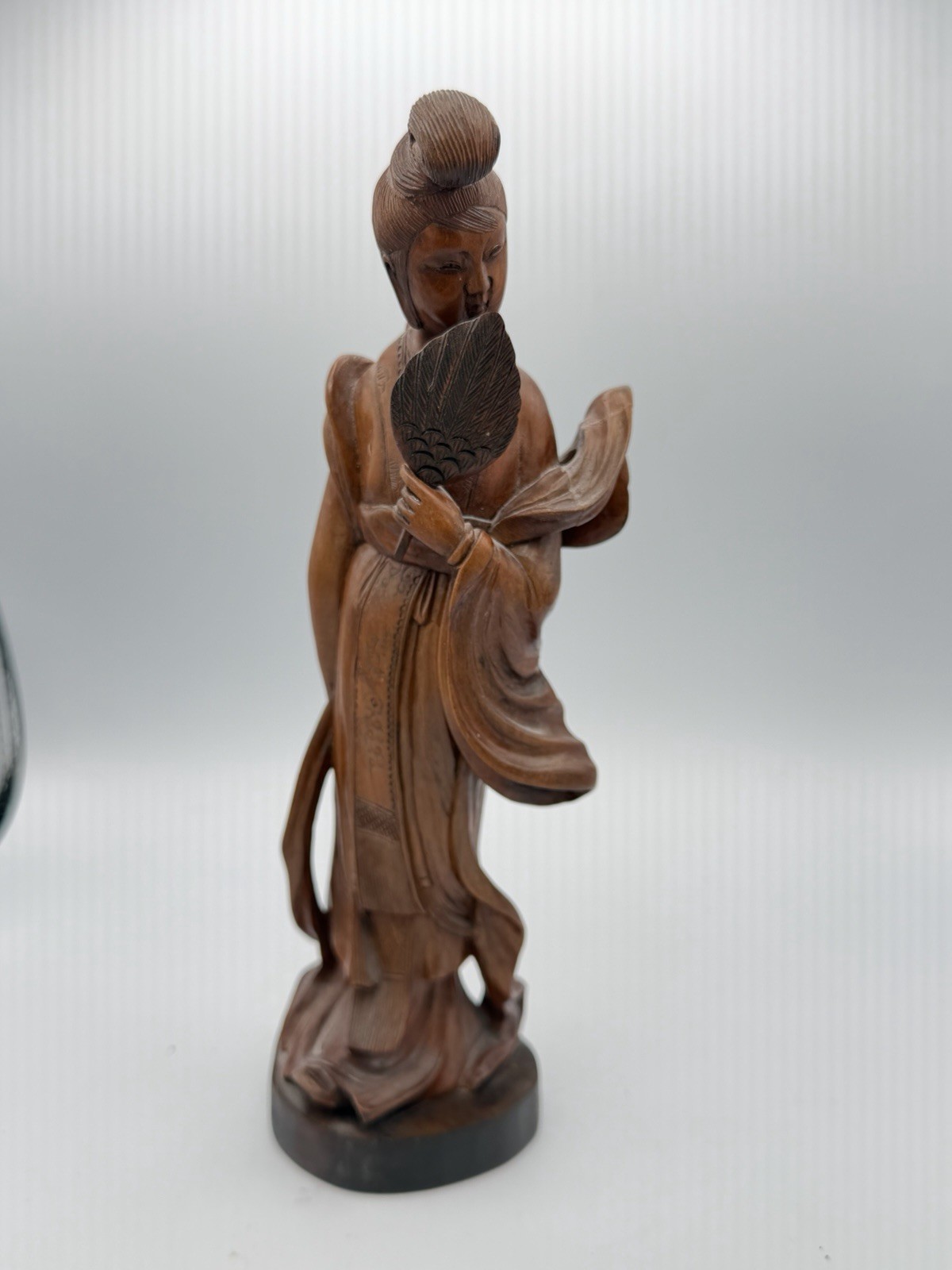 Vintage Hand Carved Wood Geisha Figurine Woman With Fan Asian Statue 9”