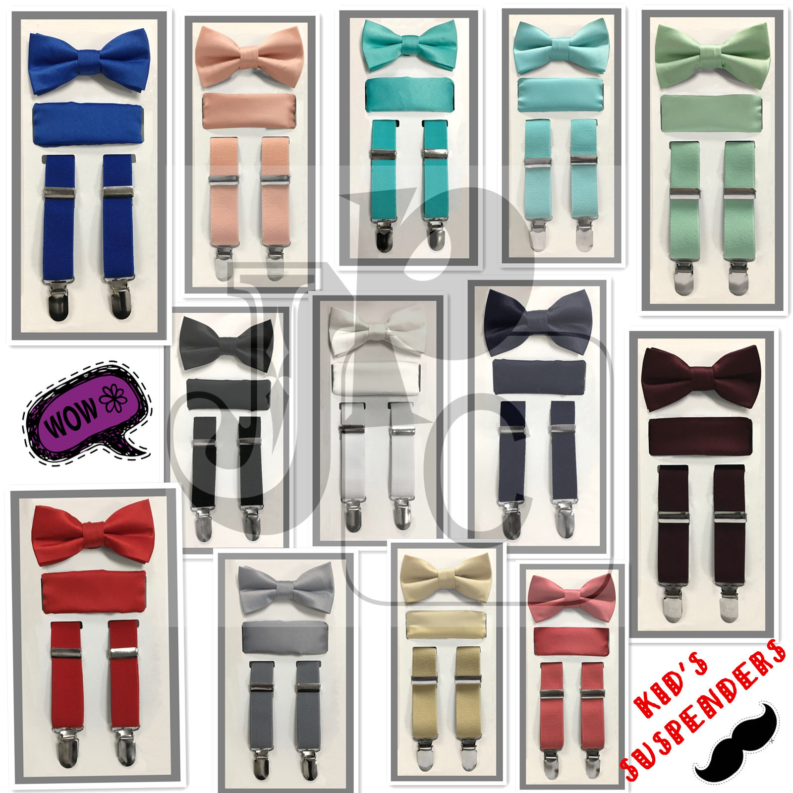 New Kid Boy's 3 pieces Clip Suspender Bow tie & Pocket Square Hankie Prom Formal