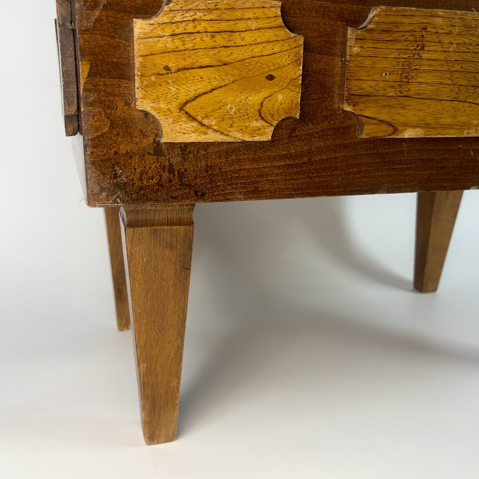 Antique Mission Style Arts & Crafts Wood Foot Stool w/ Green Damask Fabric Top