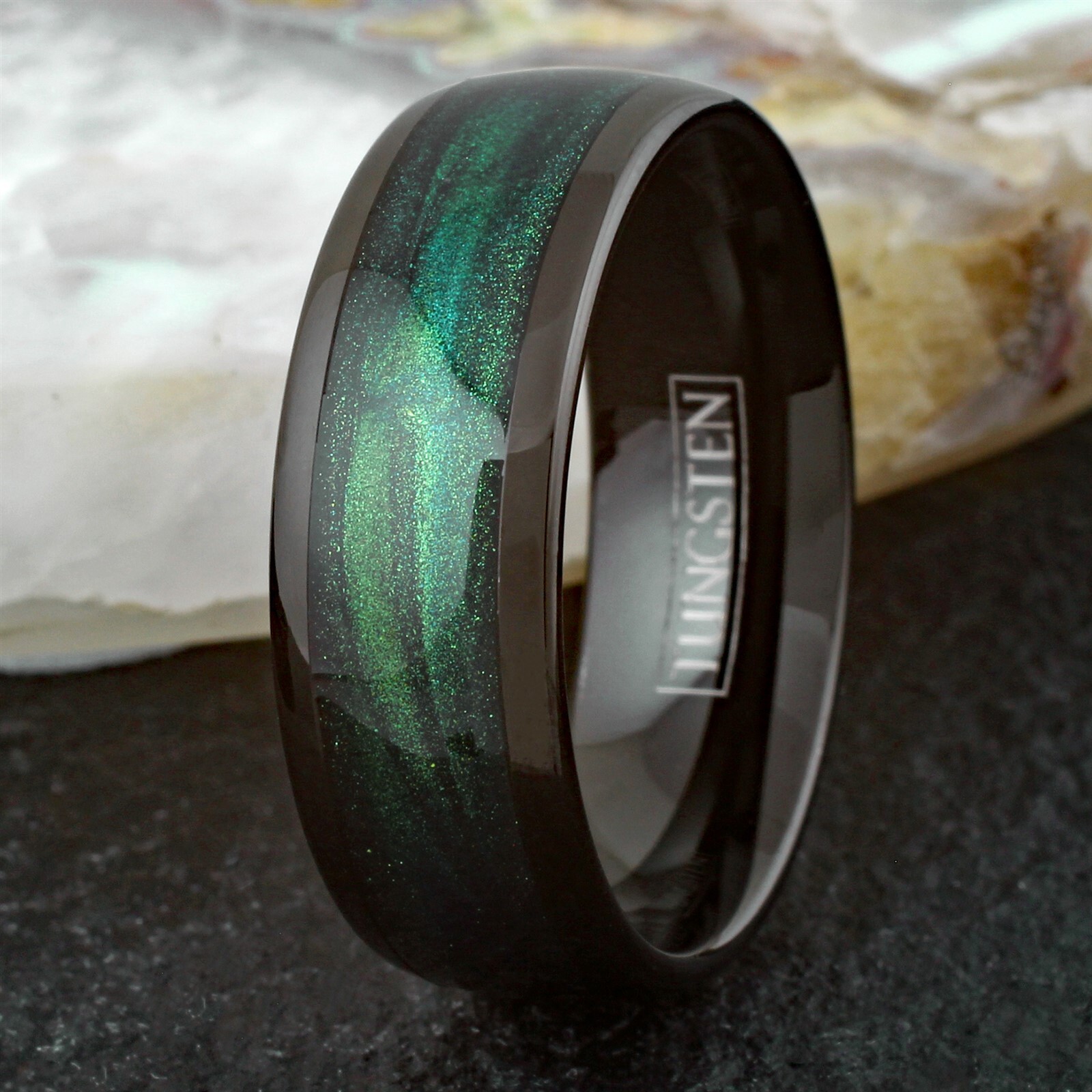 8mm Black Tungsten Carbide Emerald Green Flowing Sand Wedding Band Ring