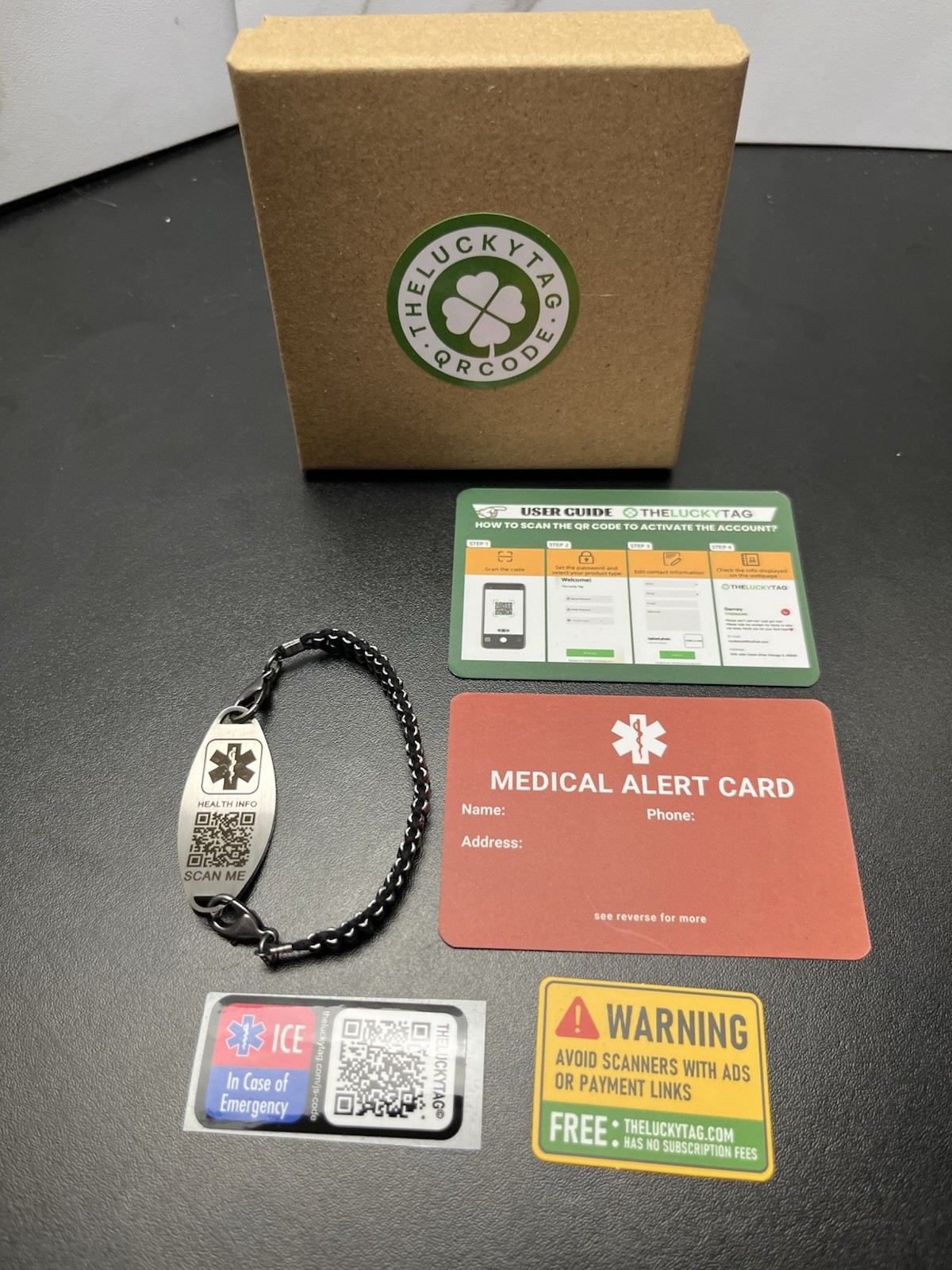 TheLuckyTag QR Code Medical Alert Bracelet Black Stainless NIB