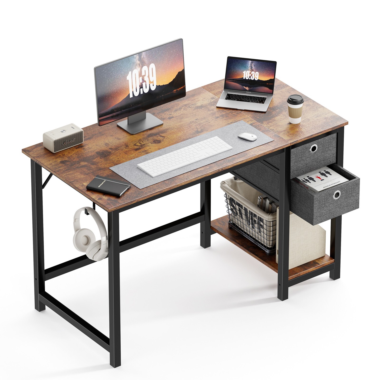 Home Office Computer Desk with 2 Storage Drawers, Hooks, PC Stand - 40"/47" Size