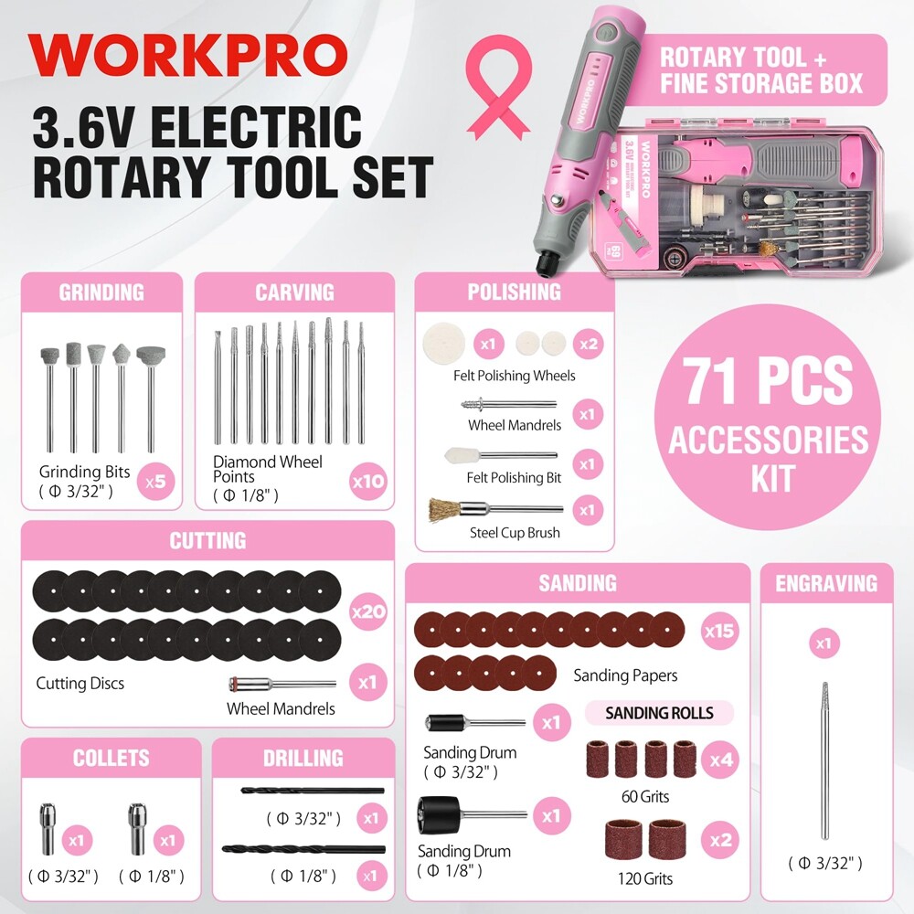 WORKPRO Cordless Rotary Tool Kit 3 Variable Speed Rotary Tool w/71pc Accessories