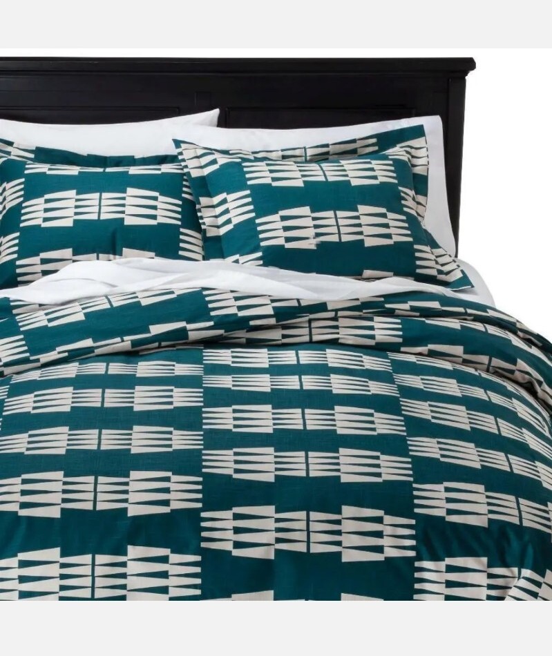 Brand New NATE BERKUS 3pc F/Q Duvet set Ogee Teal Ivory 100% COTTON