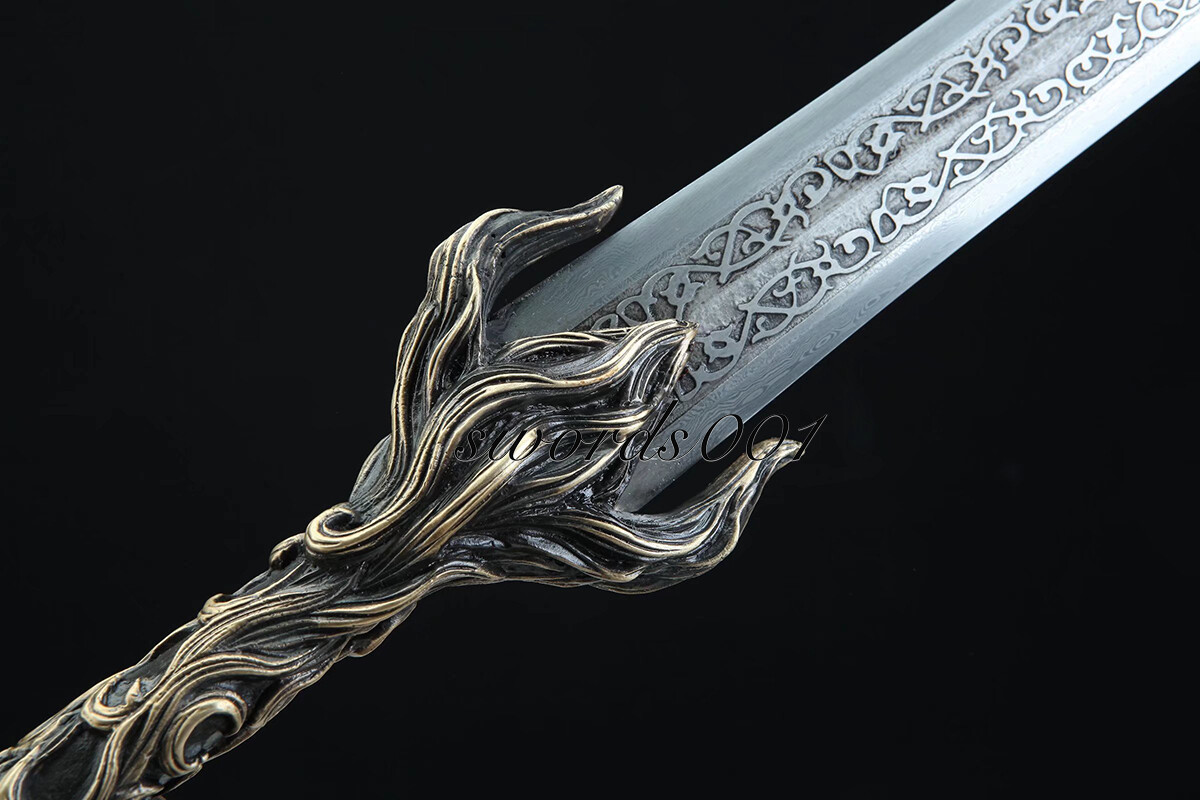 Handmade Exquisite Brass Handle Short Sword Damascus Steel Blade Leather Sheath