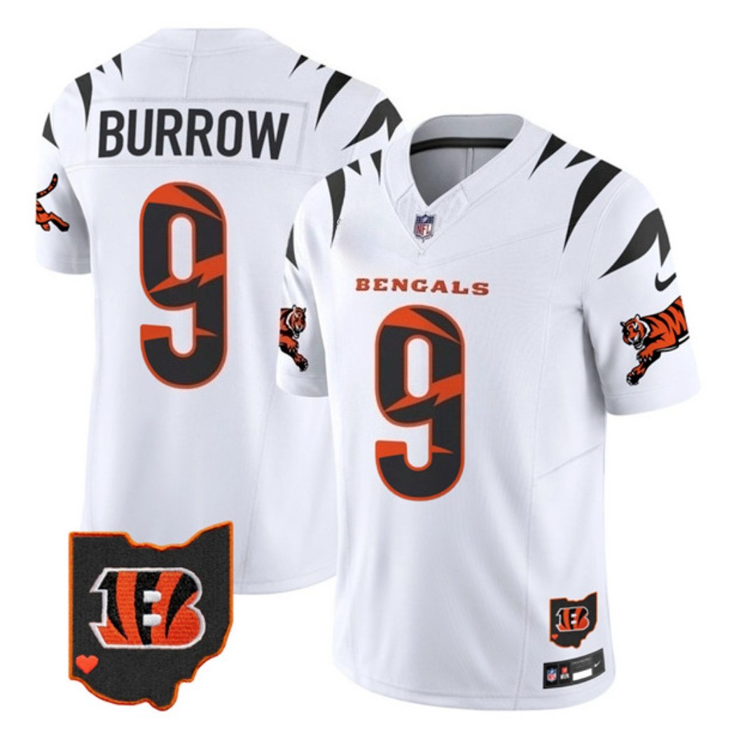 Men's Bengals Joe Burrow #9 Limited Player Stitched Jersey White/Black/Orange