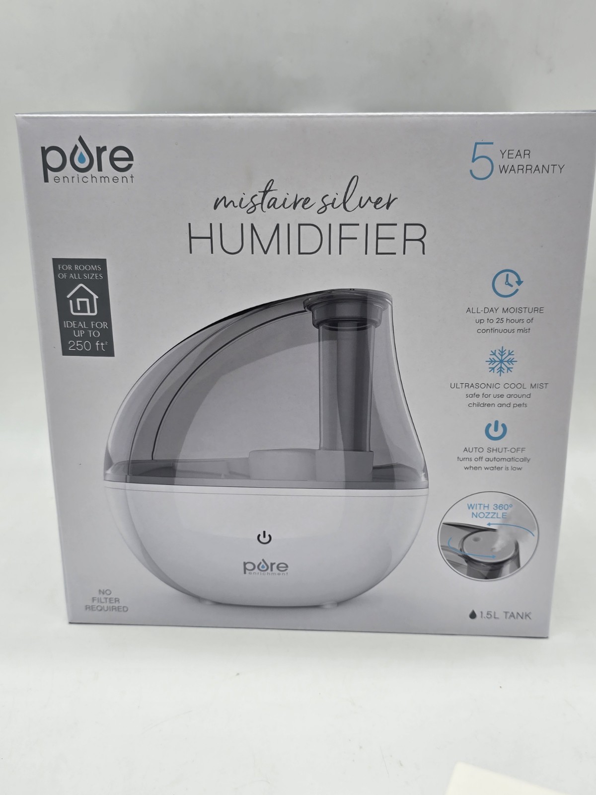 Pure Enrichment Mistaire Silver Ultrasonic Cool Mist Humidifier, 1.5L Tank