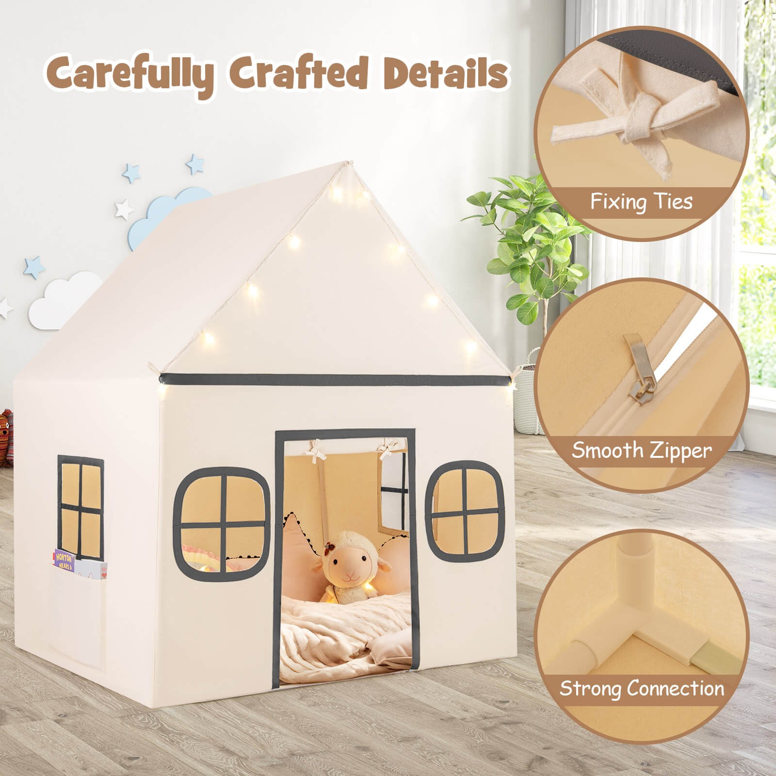 Kids Play Tent with Padded Mat, Star Lights, Side Storage Bags, Door & Windows