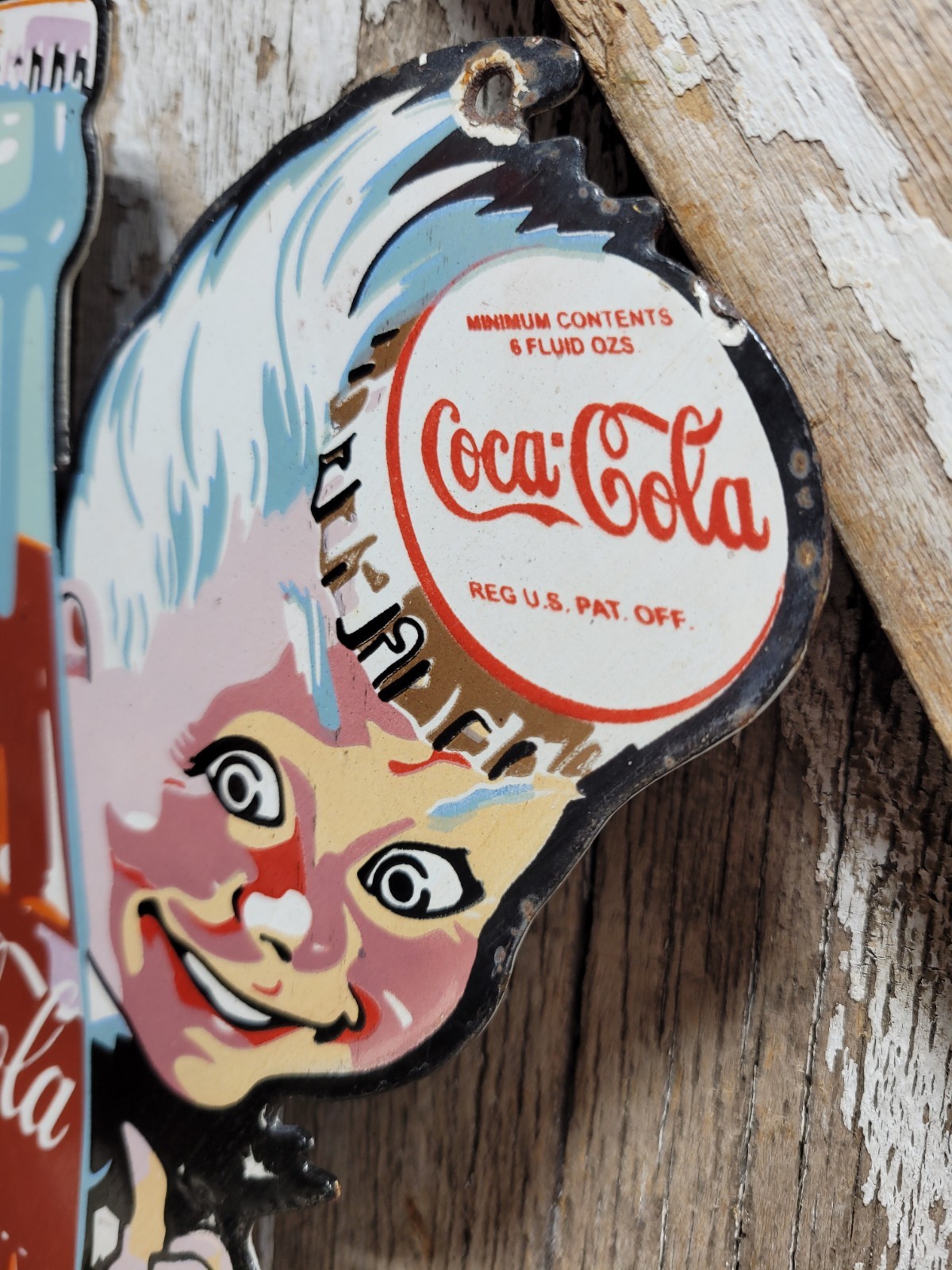 VINTAGE COCA COLA PORCELAIN SIGN BOTTLE CAP BOY SODA COKE BEVERAGE FOOD STORE