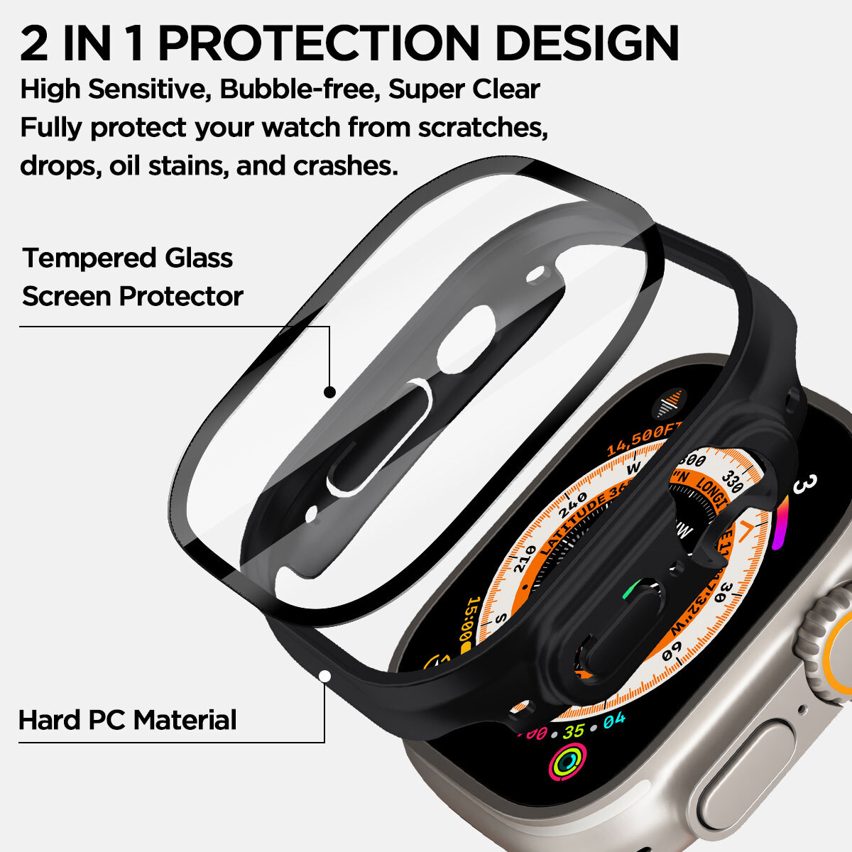 Full Case Cover for Apple Watch Ultra 2 49mm Tempered Glass Screen Protector